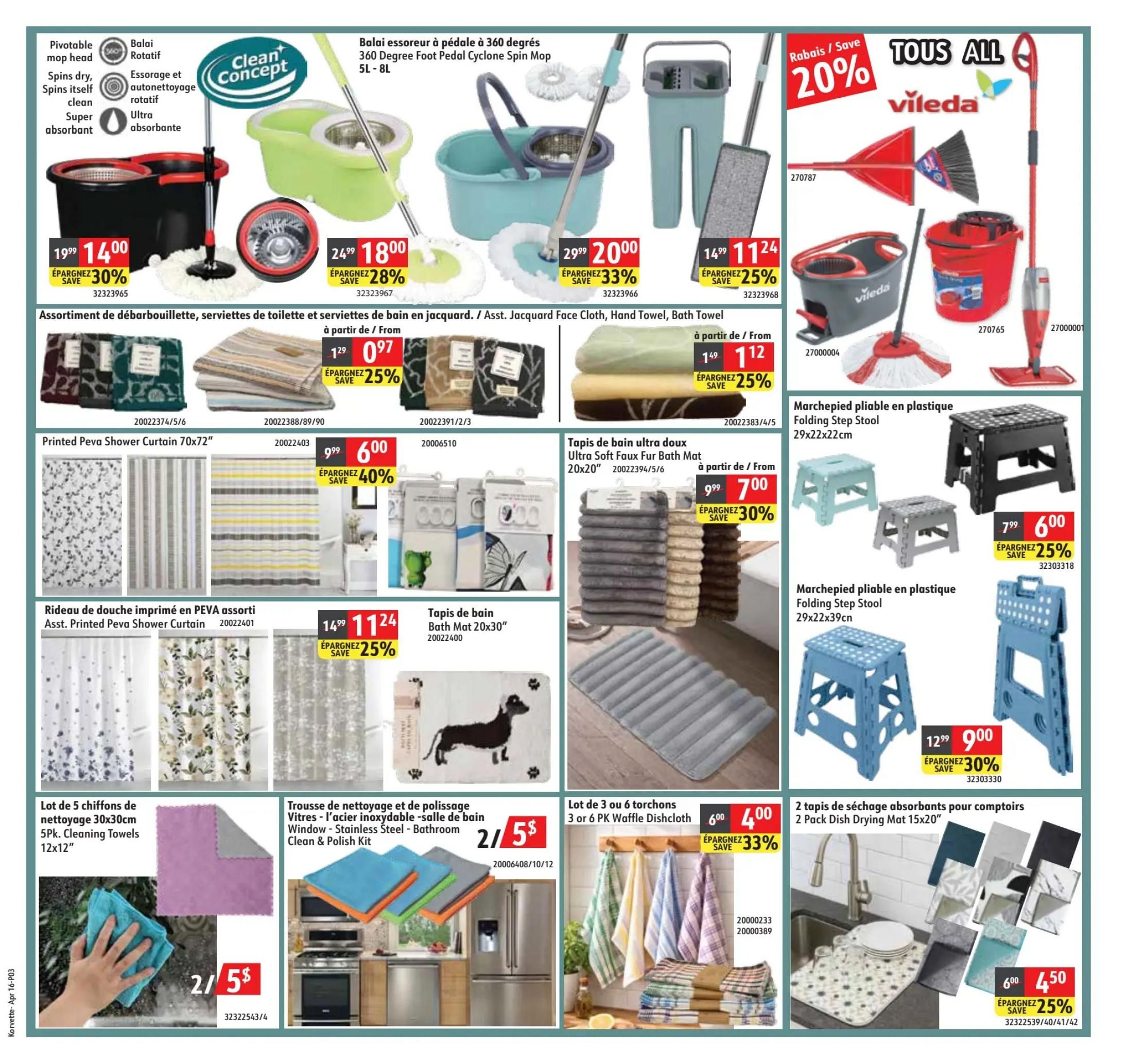 Korvette flyer page 3 features cleaning supplies and home organization items. Top section includes a Clean Concept spin mop system for $14.00 (save 30%), a 360 Degree Foot Pedal Cyclone Spin Mop (5L-8L) for $20.00 (save 33%), and a mop with a 360 Degree Foot Pedal Cyclone Spin Mop for $11.24 (save 25%). Also featured is a Vileda broom and dustpan set with 20% savings, a Vileda spin mop system, and a Vileda spray mop. Below, find assorted Jacquard face cloths, hand towels, and bath towels starting from $0.97 (save 25%). Printed PEVA Shower Curtains are $6.00 (save 40%). Assorted printed PEVA shower curtains are $11.24 (save 25%). Ultra Soft Faux Fur Bath Mats (20x20') are $7.00 (save 30%). Folding step stools are available for $6.00 (save 25%) and $9.00 (save 30%). Additional items include 5pk cleaning towels (12x12') for 2/$5, a stainless steel window and polish kit for 2/$5, 3 or 6 pack waffle dishcloths for $4.00 (save 33%), and 2 pack dish drying mats for $4.50 (save 25%).
