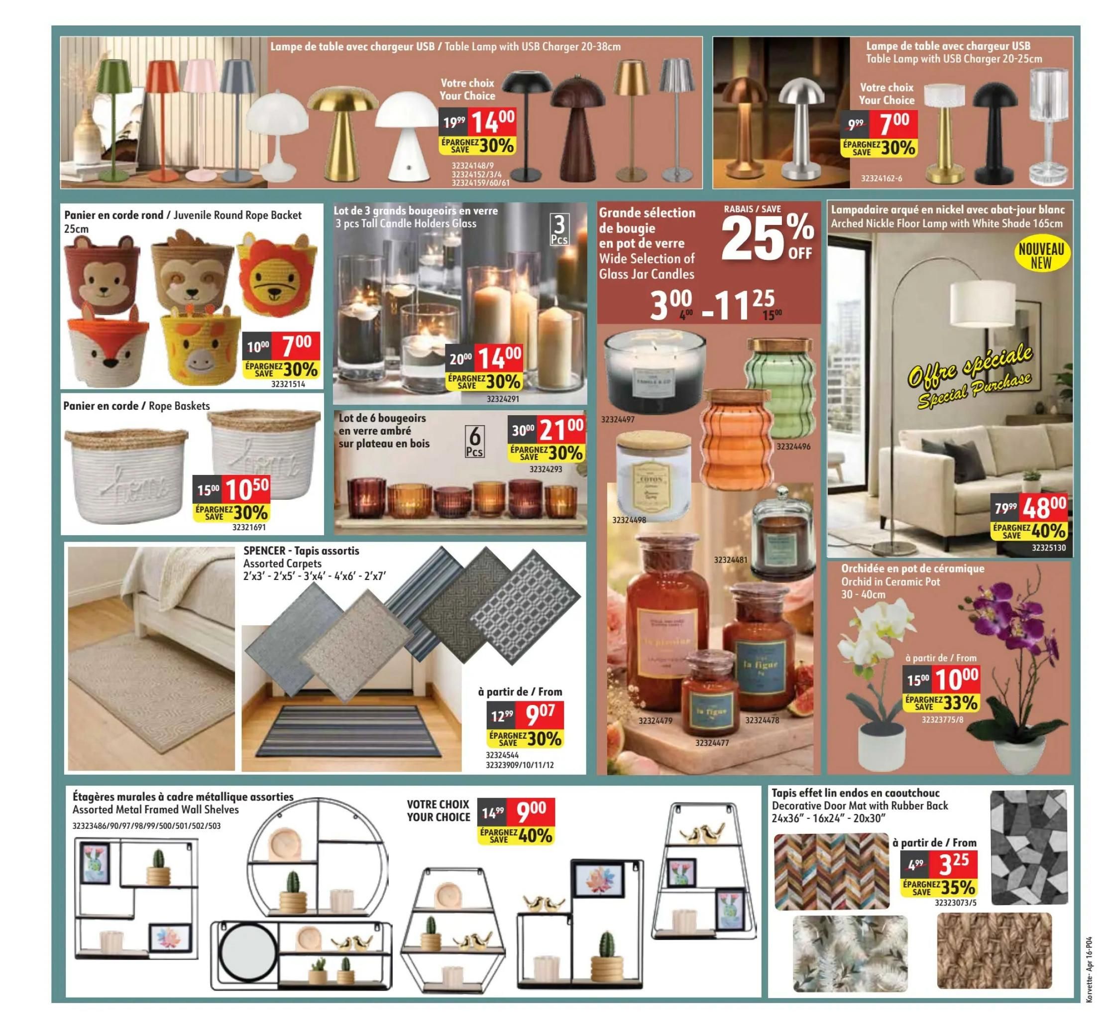 Korvette flyer page 4 features a variety of home decor items. Your choice of Table Lamps with USB Charger are on sale for $14.00, down from $19.99, saving 30%. Also available are Table Lamps with USB Charger (20-38cm) for $7.00, reduced from $9.99, a 30% saving. A wide selection of Glass Jar Candles are priced at $11.25, down from $15.00 with a 25% discount. A set of 3 Tall Candle Holders in glass are $14.00, a 30% saving from $20.00. A set of 6 glass candle holders on a wooden tray is $21.00, down from $30.00, saving 30%. Juvenile Round Rope Baskets are $7.00, reduced from $10.00, saving 30%. Rope Baskets with 'Home' inscription are $10.50, down from $15.00, saving 30%. Assorted Carpets (2'x3' to 2'x7') start at $9.07, down from $12.99, saving 30%. An Arched Nickel Floor Lamp with White Shade is a special purchase at $48.00, down from $79.99, saving 40%. Orchids in ceramic pots (30-40cm) start at $10.00, down from $15.00, saving 33%. Assorted Metal Framed Wall Shelves are your choice for $9.00, down from $14.99, saving 40%. Decorative Door Mats with Rubber Back (24x36' - 16x24' - 20x30') start at $3.25, down from $4.99, saving 35%.