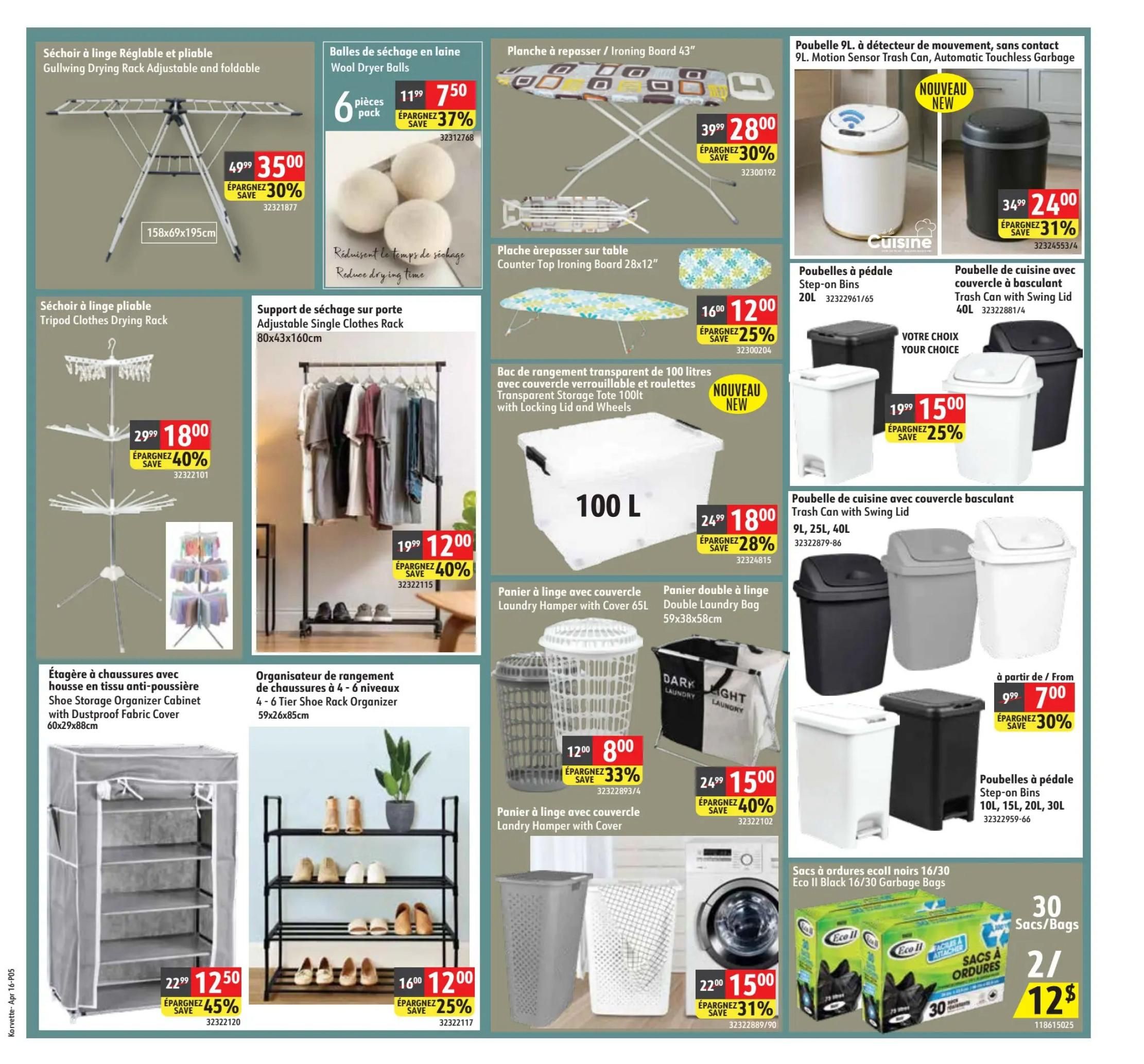 Korvette flyer specials page 5 features a Gullwing Drying Rack Adjustable and foldable for $35.00 (save 30%), Wool Dryer Balls (6 pack) for $7.50 (save 37%), and a 43' Ironing Board for $28.00 (save 30%). Also available are a Counter Top Ironing Board for $12.00 (save 25%), a 100L Transparent Storage Tote with Locking Lid and Wheels for $18.00 (save 28%), and a Tripod Clothes Drying Rack for $18.00 (save 40%). The page also showcases an Adjustable Single Clothes Rack for $12.00 (save 40%), a Shoe Storage Organizer Cabinet with Dustproof Fabric Cover for $12.50 (save 45%), and a 4-6 Tier Shoe Rack Organizer for $12.00 (save 25%). Additionally, find a 65L Laundry Hamper with Cover for $8.00 (save 33%), a Double Laundry Bag for $15.00 (save 40%), and a 9L Motion Sensor Trash Can (new item) and other automatic touchless garbage bins starting at $15.00 (save 25%). Step-on bins (10L, 15L, 20L, 30L) are available from $7.00 (save 30%), and Eco II Black 16/30 Garbage Bags are 2 for $12.