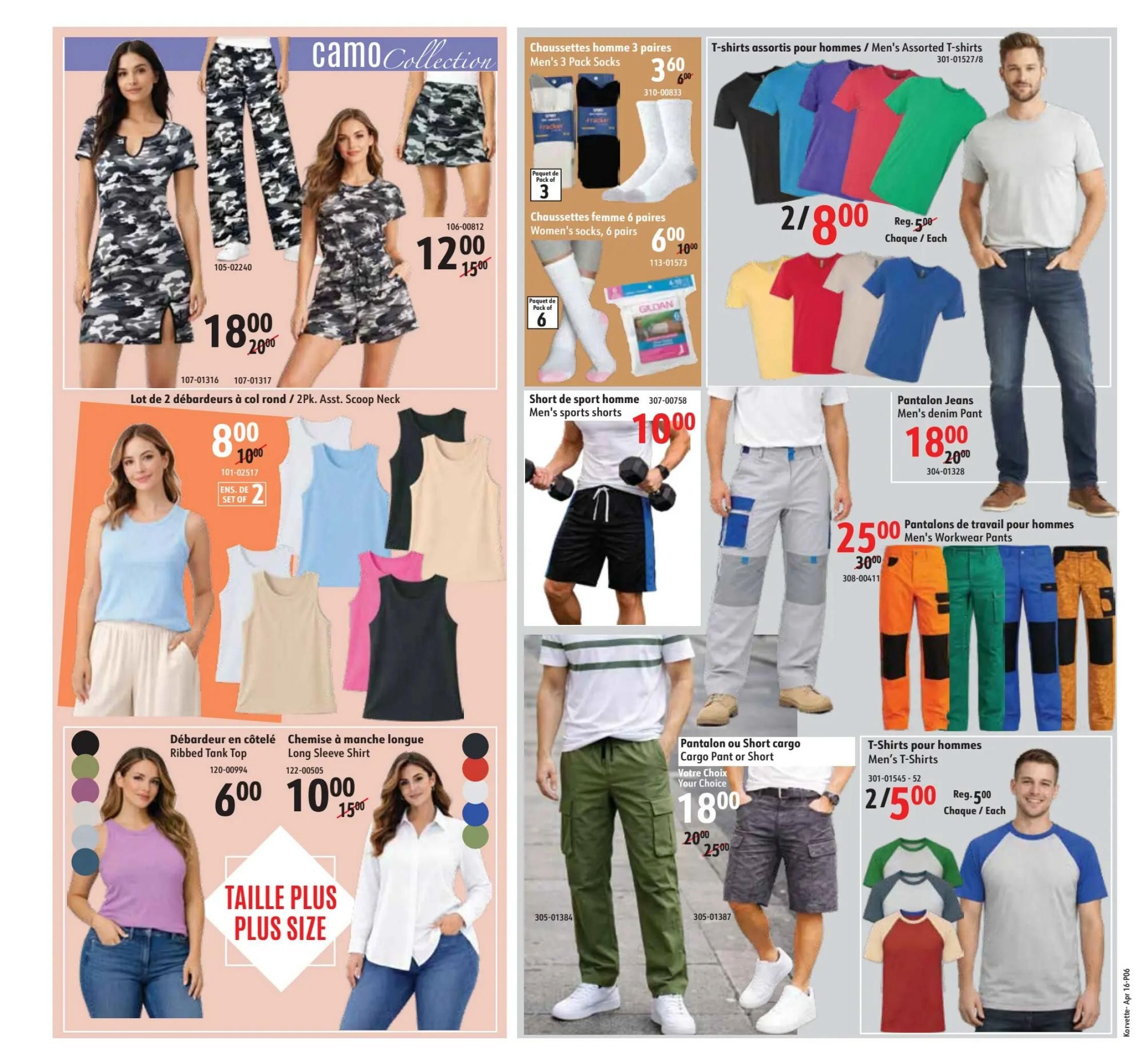 Korvette flyer page 6 features a 'Camo Collection' with a camouflage print dress for $18.00 and camouflage print shorts for $12.00. Also available are men's 3-pack socks for $3.60 and women's 6-pair socks for $6.00. Men's assorted t-shirts are on sale 2 for $8.00, regularly $5.00 each. Men's denim pants are $18.00, down from $20.00. Men's workwear pants are $25.00, down from $30.00. A selection of ribbed tank tops are $6.00 and long sleeve shirts are $10.00, down from $15.00. Men's sports shorts are $10.00. Cargo pants or shorts are $18.00, down from $20.00 or $25.00. Men's t-shirts are on sale 2 for $5.00, regularly $5.00 each.