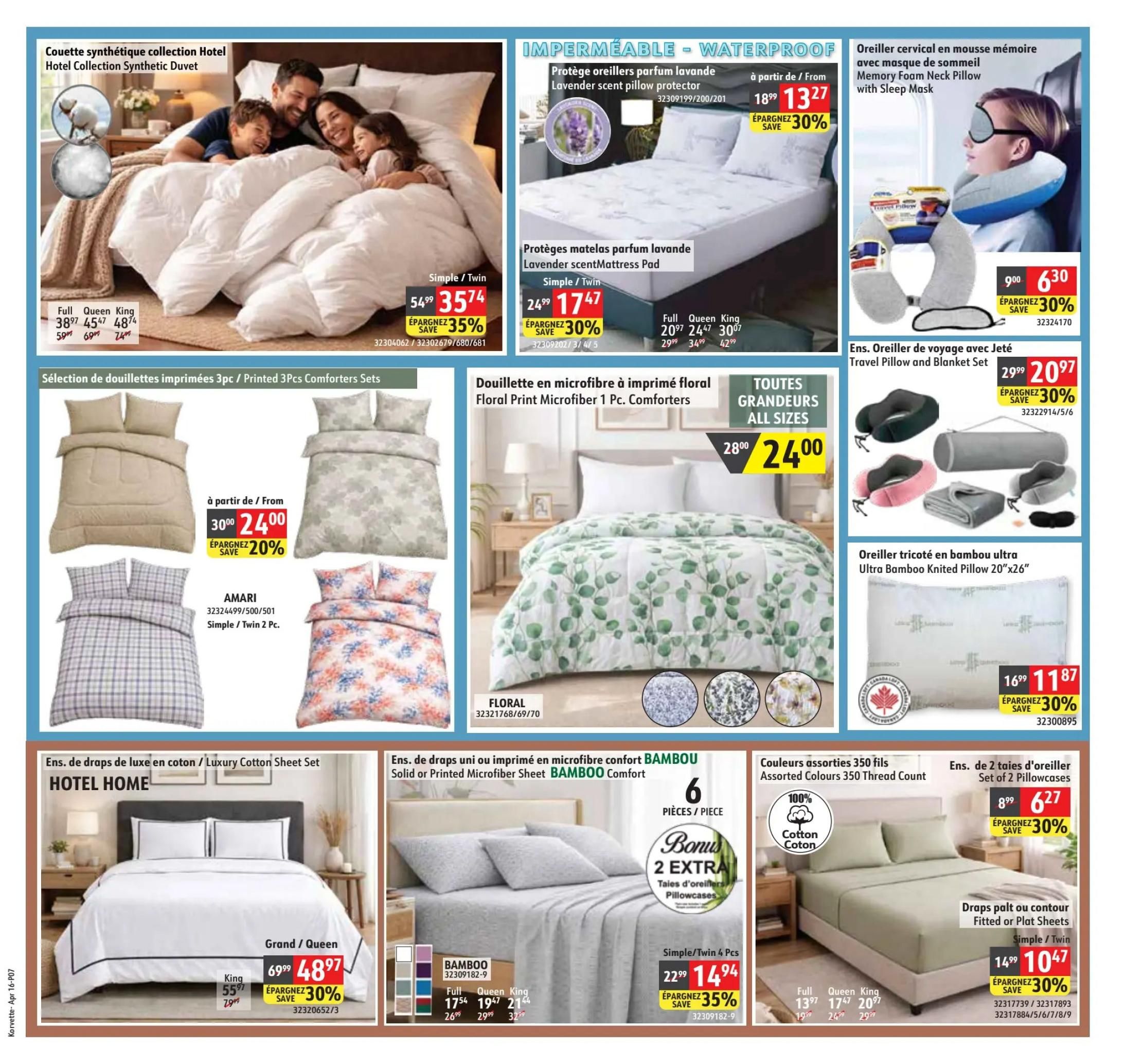 Korvette flyer page 7 features a variety of bedding and travel comfort items. The Hotel Collection Synthetic Duvet is available for Full at $38.97 (save $20.03), Queen at $45.47 (save $24.52), and King at $48.74 (save $25.25). Waterproof lavender-scented pillow protectors are $13.27 (save 30%) and lavender-scented mattress pads are $17.47 (save 30%). A Memory Foam Neck Pillow with Sleep Mask is $6.30 (save 30%). A Travel Pillow and Blanket Set is $20.97 (save 30%). Printed 3-piece comforter sets are on sale from $24.00 (save 20%). Floral print microfiber 1-piece comforters are available in all sizes for $24.00. An Ultra Bamboo Knitted Pillow 20'x26' is $11.87 (save 30%). Luxury Cotton Sheet Sets from HOTEL HOME are $55.97 for King (save $14) and $48.97 for Grand/Queen (save $11). Solid or Printed Microfiber Sheet BAMBOO Comfort sets (4 pcs) are $14.94 (save 35%), with a bonus of 2 extra pillowcases. Assorted Colours 350 Thread Count Fitted or Flat Sheets are $10.47 (save 30%) for Simple/Twin.