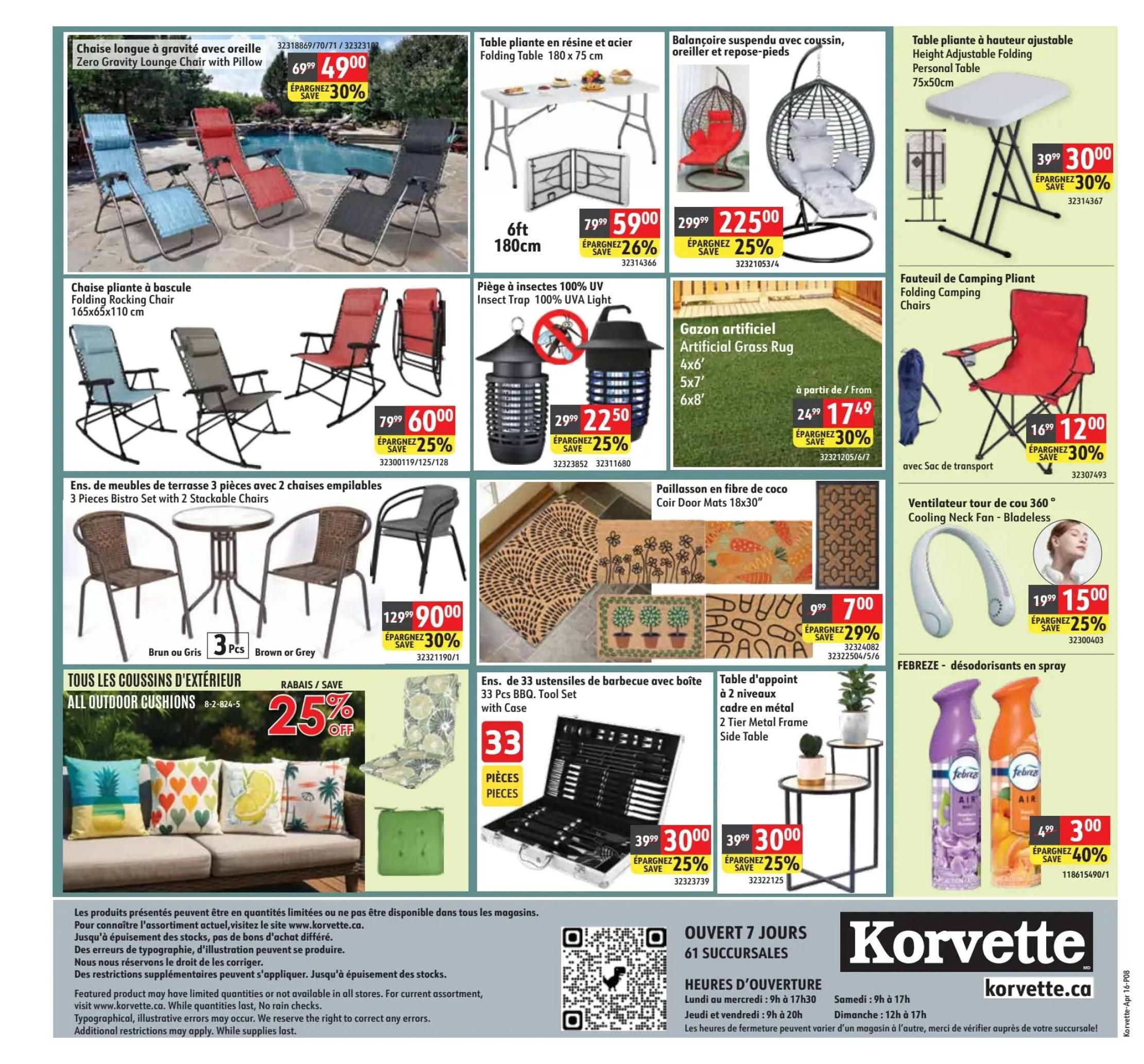 Korvette flyer page 8 features outdoor and home goods. Zero Gravity Lounge Chairs are on sale for $49.99, saving 30%. Folding Rocking Chairs are $60.00, a 25% saving. A 6ft folding table is $59.00, with a 26% discount. The hanging swing chair with cushion is $225.00, down 25%. An adjustable height folding table is $30.00, saving 30%. Insect traps are $22.50, a 25% saving. Artificial grass rugs are available from $17.49, with a 30% discount. Folding camping chairs are $12.00, a 30% saving. A 3-piece bistro set with stackable chairs (brown or grey) is $90.00, saving 30%. All outdoor cushions are 25% off. A 33-piece BBQ tool set with case is $30.00, a 25% saving. A 2-tier metal frame side table is $30.00, saving 25%. Cooling neck fans are $15.00, a 25% saving. Febreze spray deodorizers are $3.00, a 40% discount. Store hours and Korvette.ca website are also displayed.