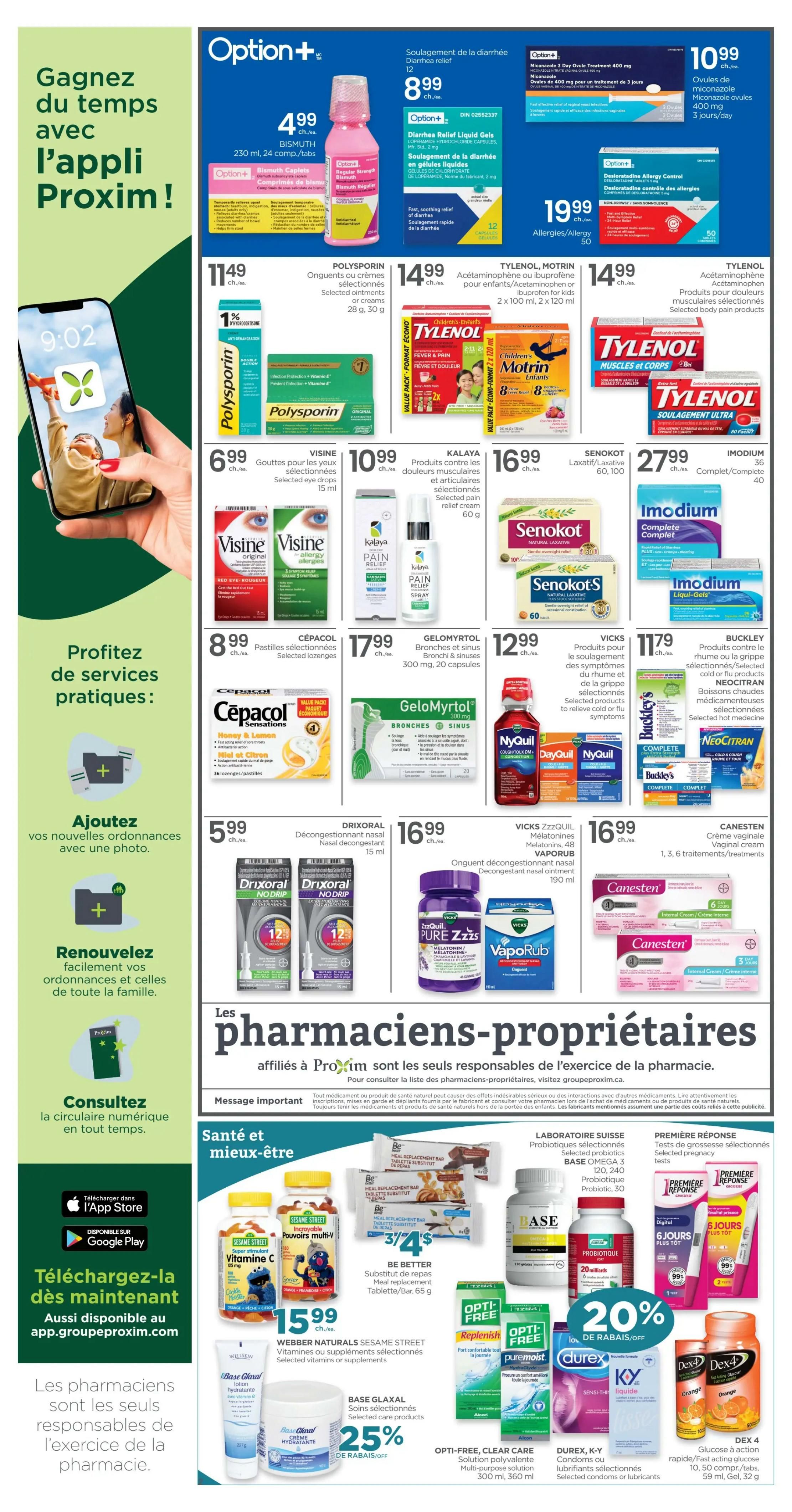 Proxim Weekly Flyer Specials Page 3. Features a 'Gagnez du temps avec l'appli Proxim!' section promoting app usage. Also showcases 'Profitez de services pratiques: Ajoutez vos nouvelles ordonnances avec une photo.' and 'Renouvelez facilement vos ordonnances et celles de toute la famille.' sections. The main content includes various health and wellness products: Option+ Diarrhea Relief Liquid Gels for $8.99, Option+ Bismuth Caplets for $4.99, and Option+ Diarrhea Treatment 400 mg for $10.99. Other featured items include Polysporin Ointments or creams for $11.49, Tylenol or Motrin for $14.99, Senokot Laxative for $27.99, and Imodium Complete for $27.99. Visine eye drops are $6.99, Kalaya Pain Relief cream is $10.99, Cepacol lozenges are $8.99, Gelomyrtol Bronches et Sinus capsules are $17.99, NyQuil Cough & Flu or DayQuil are $12.99, and Buckley's Complete or Neocitran are $11.79. Drixoral nasal decongestant is $5.99, Vick's ZzzQuil Melatonin is $16.99, and Canesten vaginal cream is $16.99. The 'Santé et mieux-être' section highlights Webber Naturals Sesame Street Vitamin C for $15.99, Be Better Meal Replacement bars for $3/4, Base Glaxal selected care products with 25% off, Opti-Free, Purement, Replenish contact lens solutions, Durex and K-Y lubricants for $16.99, and Dex 4 Glucose tablets for $10.99. The page also features a 'Les pharmaciens-propriétaires' section with a message about their responsibility and a link to groupeproxim.ca.