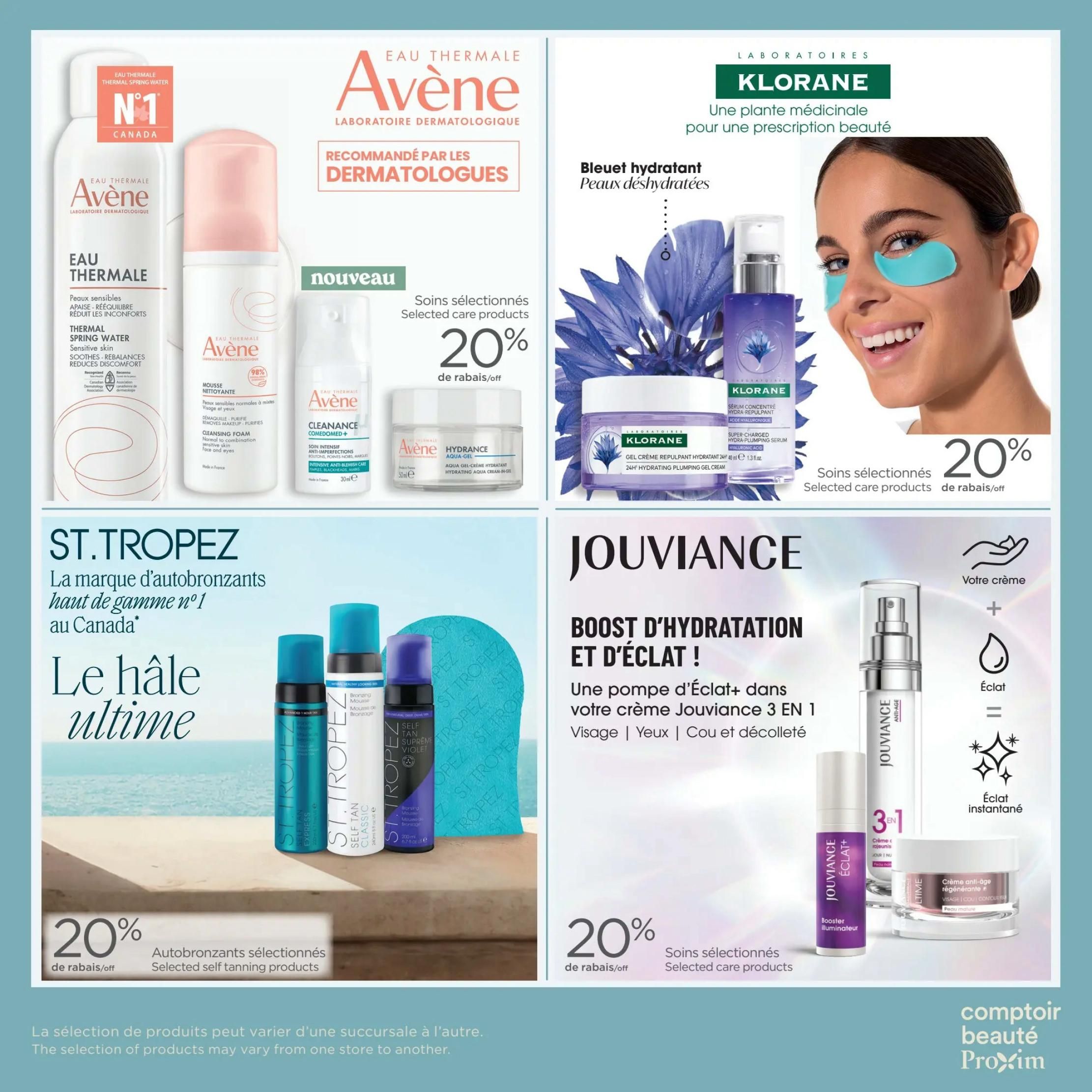 Page 7 of the Proxim weekly flyer features skincare and self-tanning products. Top left: Avène Thermal Spring Water, recognized by dermatologists, with selected care products 20% off. Top right: Klorane selected care products, including Klorane Serum Concentre Hydra-Repulpant and Klorane Gel Crème Repulpant Hydratant, are 20% off. Bottom left: St. Tropez, Canada's #1 self-tanning brand, offers selected self-tanning products at 20% off, featuring their Bronzing Mousse and Self Tan Express. Bottom right: Jouviance Boost D'Hydratation et D'Éclat, a 3-in-1 serum for face, eyes, neck, and décolleté, is featured with selected care products at 20% off, alongside Jouviance Crème anti-âge régénérante. A disclaimer states product selection may vary by store.