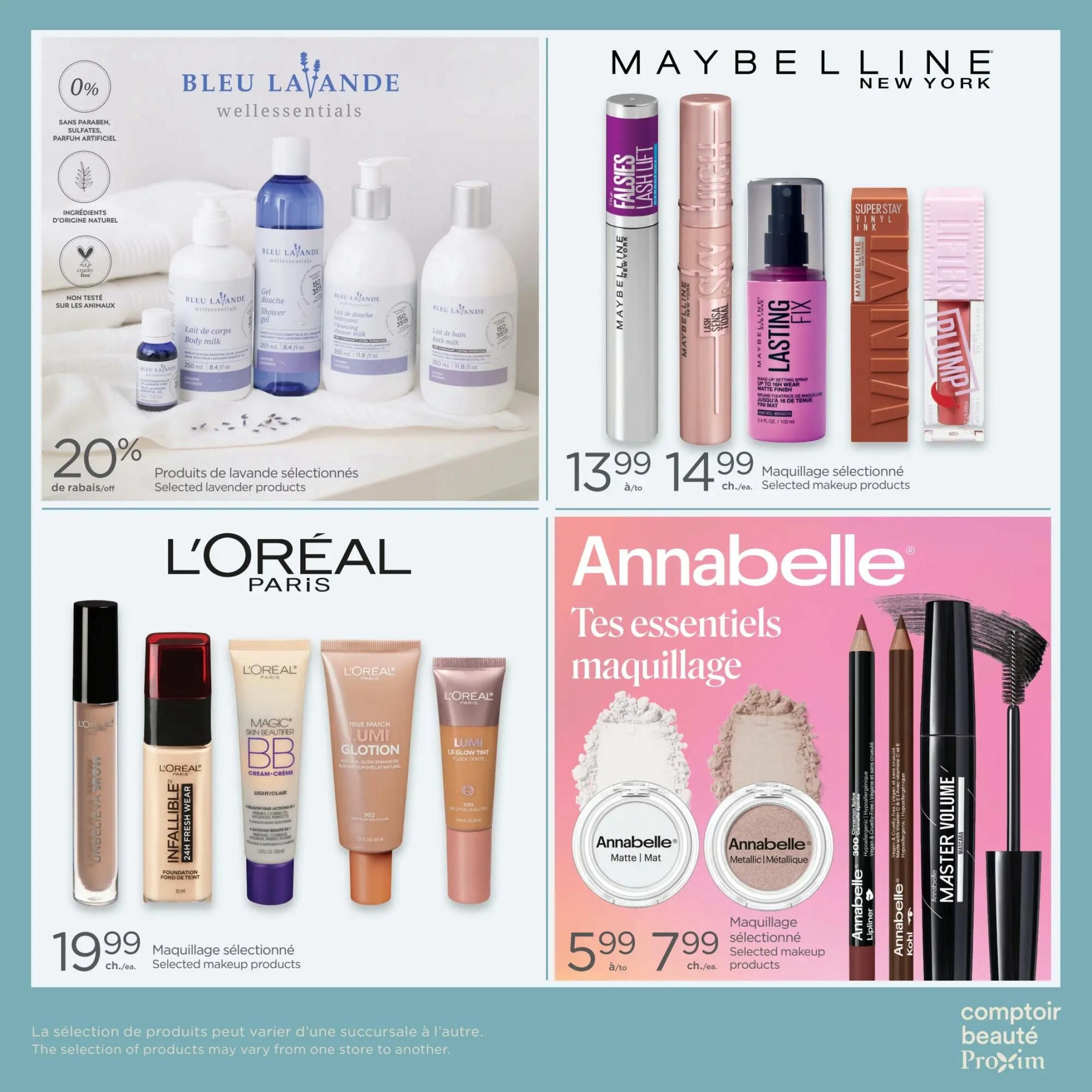 Proxim Weekly Flyer Specials Page 8 features beauty products. On the left, Bleu Lavande wellessentials selected lavender products are 20% off, including body milk, shower gel, and cleansing shower milk. The middle section showcases Maybelline New York makeup with Falsies Lash Lift mascara, Lash Sensational Sky High mascara, Lasting Fix setting spray, Superstay Vinyl Ink lipstick, and Lifter Plump gloss, priced at $13.99 to $14.99. Below, L'Oréal Paris selected makeup products are $19.99, featuring Infallible 24H Fresh Wear foundation, Magic Skin Beautifier BB cream, and True Match Lumi Glotion. The right side highlights Annabelle selected makeup products, including Matte powder for $5.99 and other items for $7.99, such as lip liner, kohl pencil, and Master Volume mascara. A disclaimer states that product selection may vary by store.