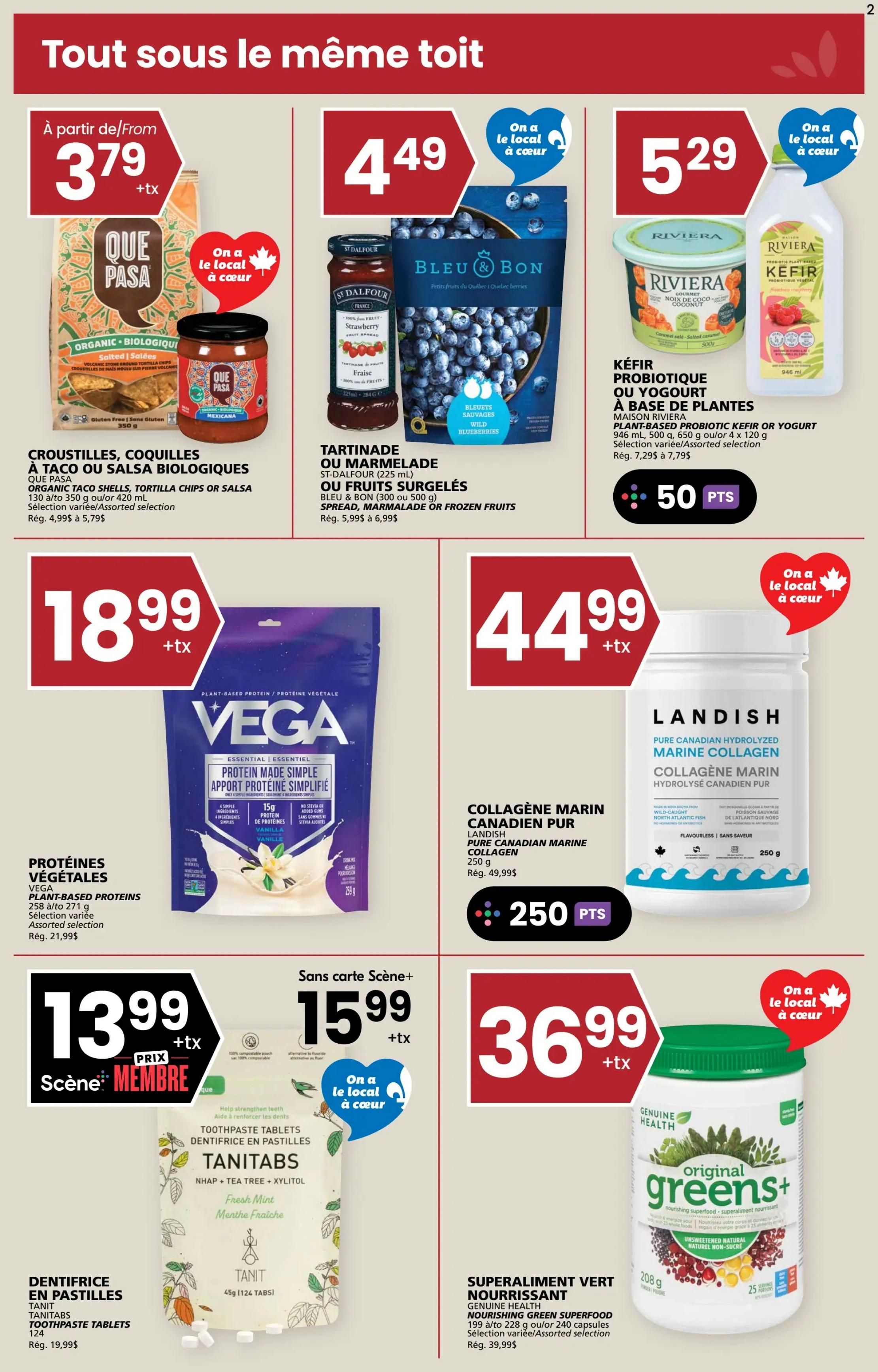 Rachelle Béry weekly flyer specials page 2. Featured products include Que Pasa Organic Taco Shells, Tortilla Chips or Salsa for $3.79, St-Dalfour Strawberry Spread or Bleu & Bon Wild Blueberries for $4.49, and Riviera Plant-Based Kefir or Yogurt for $5.29. Also on sale is Vega Plant-Based Protein for $18.99, Landish Pure Canadian Marine Collagen for $44.99, Tanitabs Toothpaste Tablets for $15.99, and Genuine Health Original Greens+ Nourishing Superfood for $36.99. Some items offer Scene+ points.