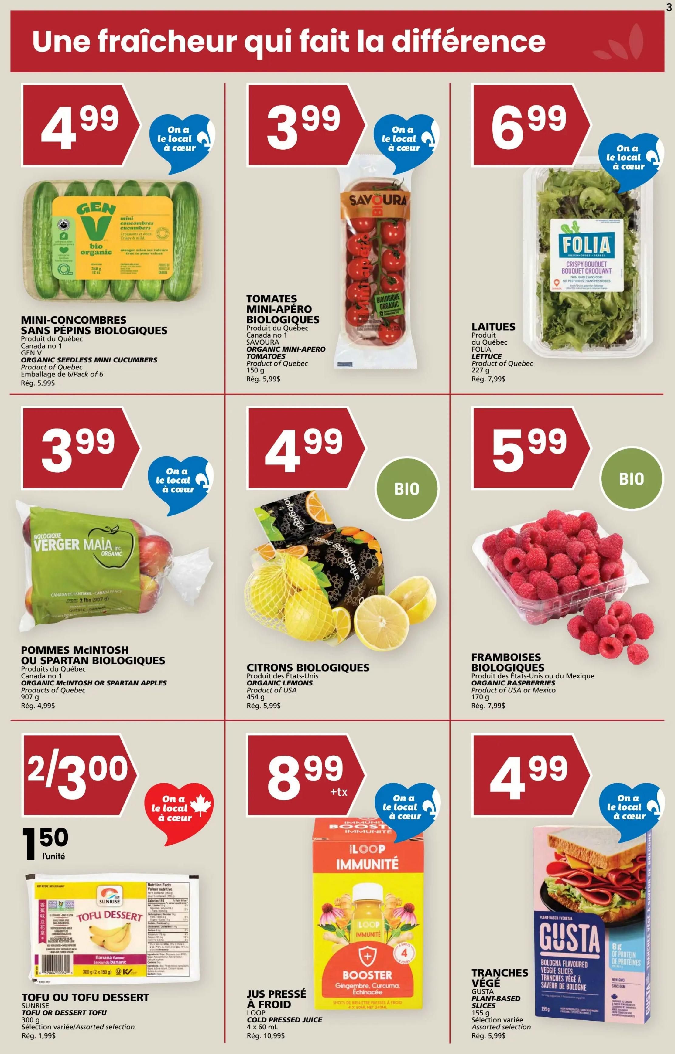 Rachelle Béry weekly flyer specials page 3 features a variety of fresh produce and organic items. Top row includes GEN V Organic Seedless Mini Cucumbers for $4.99, Savoura Organic Mini-Apero Tomatoes for $3.99, and Folia Lettuce for $6.99. Middle row showcases Verger Maia Organic McIntosh or Spartan Apples for $3.99, Organic Lemons for $4.99, and Organic Raspberries for $5.99. Bottom row highlights Sunrise Tofu or Tofu Dessert for $1.50 each when you buy 2 for $3.00, Loop Cold Pressed Juice for $8.99, and Gusta Plant-Based Veggie Slices for $4.99. Many items are highlighted as 'On a local à cœur' or 'BIO'.