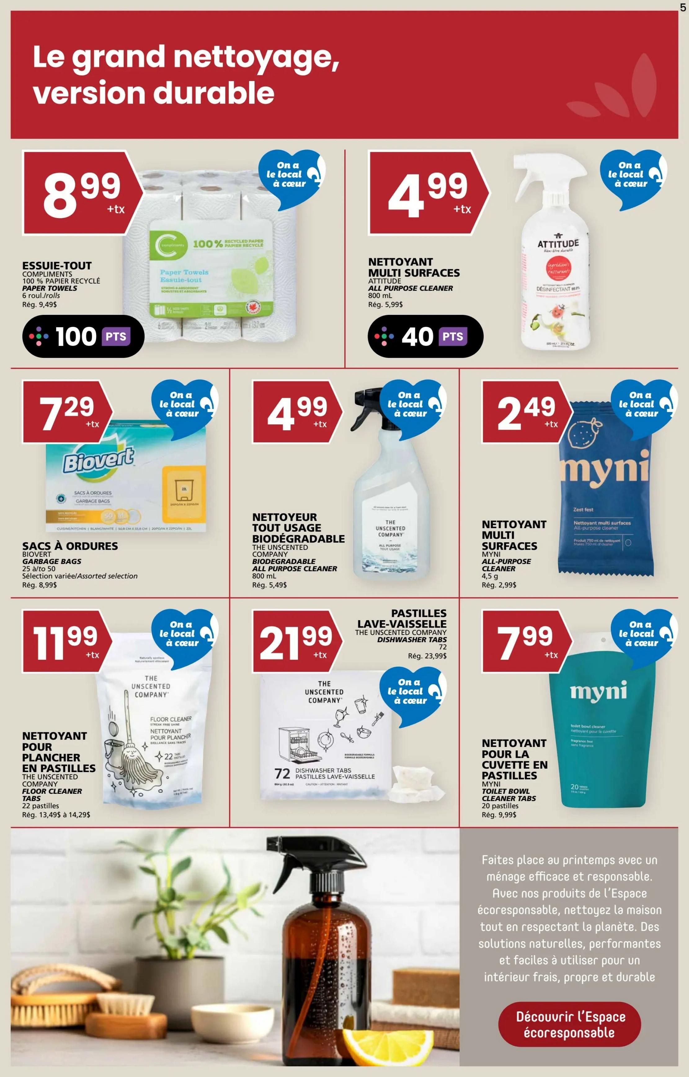 Rachelle Béry weekly flyer specials page 5 features cleaning products. Get Compliments 100% recycled paper towel 6 rolls for $8.99, earning 100 points. Attitude all-purpose cleaner 800 ml is $4.99, earning 40 points. Biovert garbage bags, assorted selection, are $7.29. The Unscented Company biodegradable all-purpose cleaner 800 ml is $4.99. Myni multi-surface cleaner 4.5 g is $2.49. The Unscented Company floor cleaner tabs are $11.99. The Unscented Company dishwasher tabs 72 count are $21.99. Myni toilet bowl cleaner tabs 20 count are $7.99. The page also highlights eco-responsible cleaning solutions for a fresh, proper, and durable home.