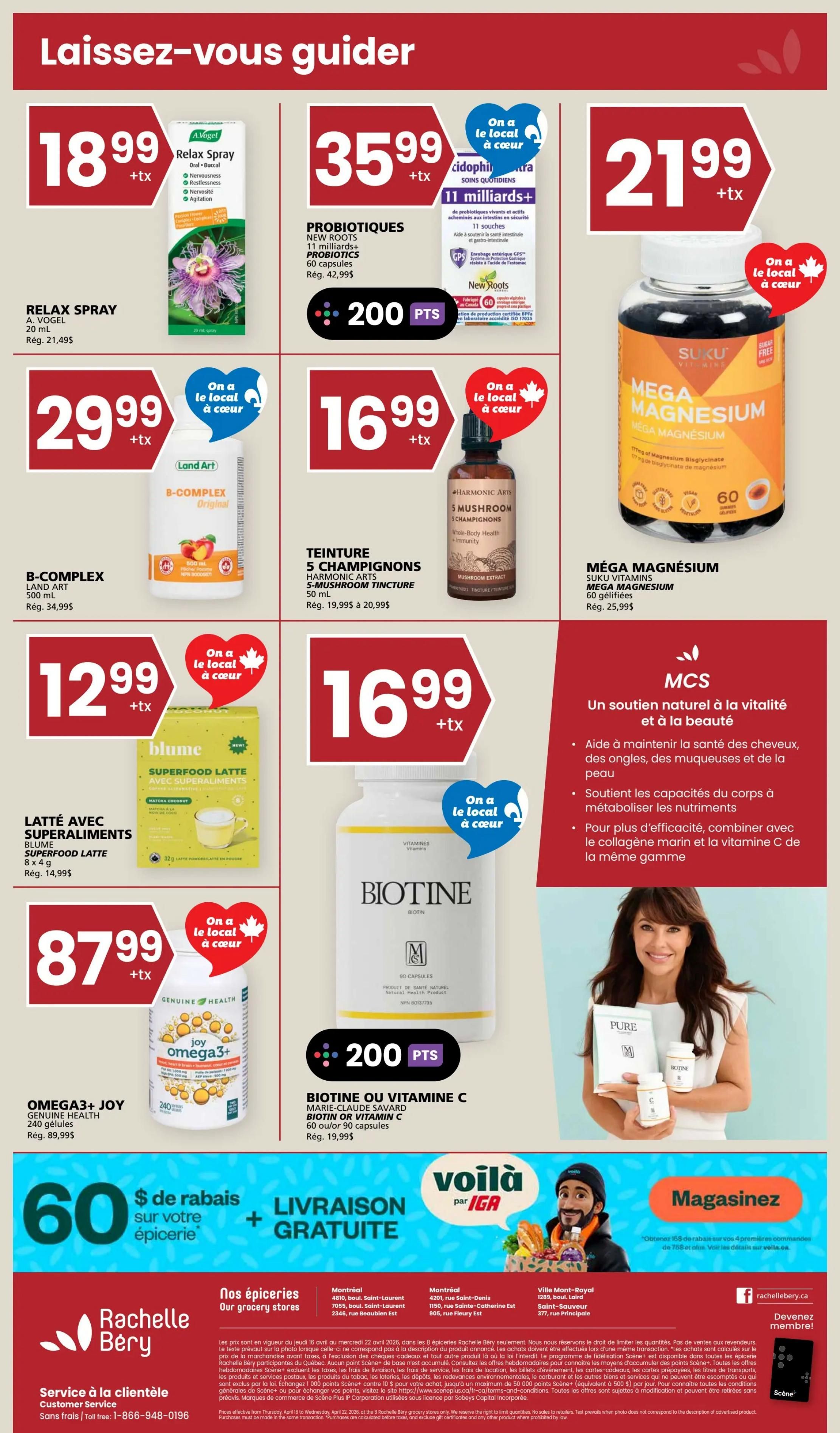 Rachelle Béry weekly flyer specials page 9. Featured products include A. Vogel Relax Spray for $18.99, New Roots Probiotics 11 Billion+ for $35.99, and Suku Vitamins Mega Magnesium for $21.99. Also available are Land Art B-Complex Original for $29.99, Harmonic Arts 5 Mushroom Tincture for $16.99, and Blume Superfood Latte with Superaliments for $12.99. Genuine Health Omega3+ Joy is $87.99. Marie-Claude Savard Biotine or Vitamin C capsules are $16.99. The flyer also highlights $60 in grocery savings with free delivery, and a 'Magasinez' section with offers from Voilà by IGA. Store locations and customer service information are provided at the bottom.