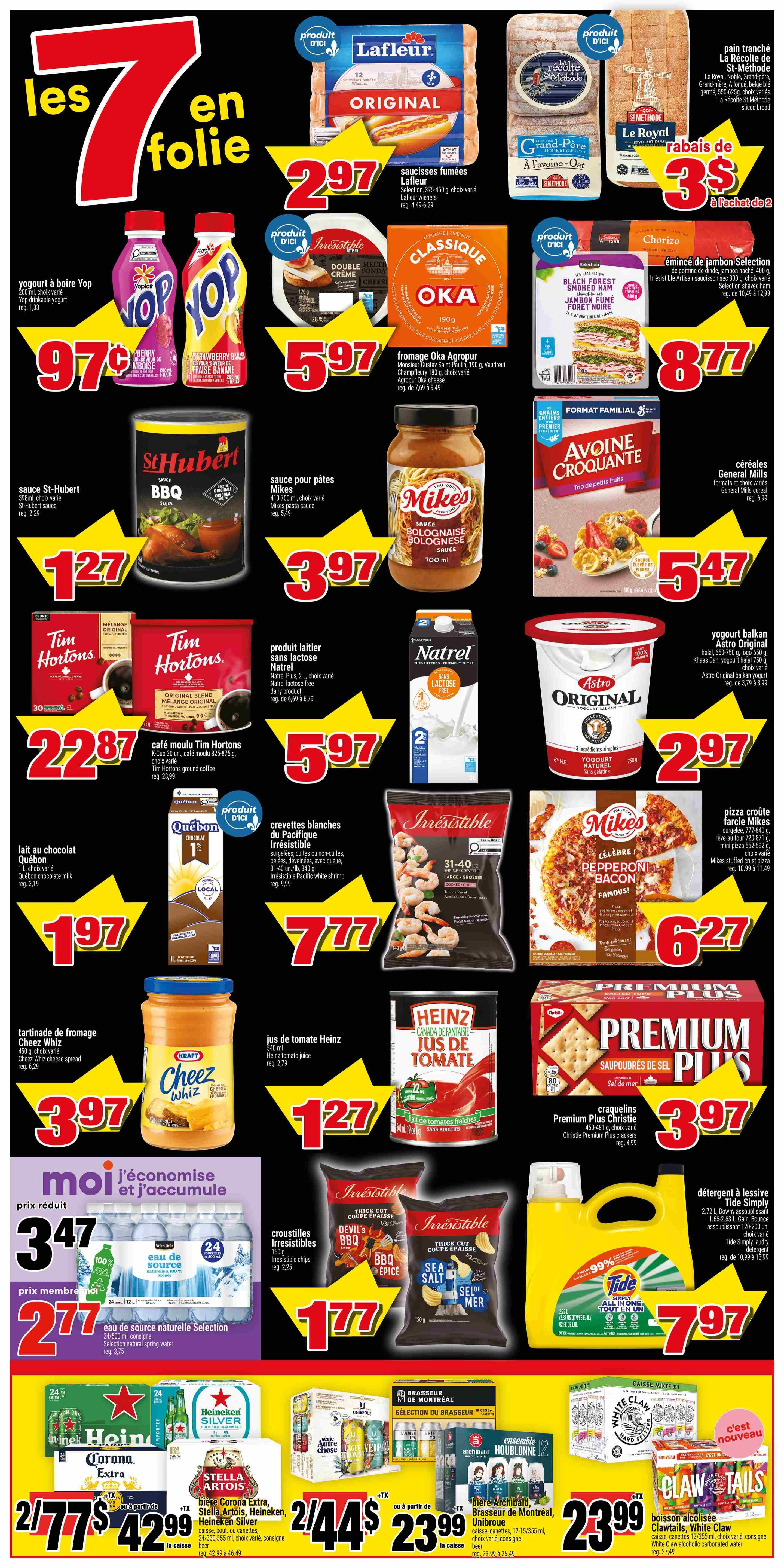 Super C weekly flyer specials page 2 featuring a '7 en folie' promotion. Deals include Lafleur original smoked sausages for $2.97, Yop drinkable yogurt for $0.97, Irresistible Oka Agropur cheese for $5.97, and Black Forest smoked ham for $8.77. Also featured are St-Hubert BBQ sauce for $1.27, Mike's pasta sauce for $3.97, General Mills Croque Avoine cereal for $5.47, and Tim Hortons ground coffee for $22.87. Natrel lactose-free milk is $5.97, Astro Original yogurt is $2.97. Quebec chocolate milk is $1.97, Irresistible Pacific white shrimp are $7.77, and Mike's pepperoni bacon pizza is $6.27. Kraft Cheez Whiz spread is $3.97, Heinz tomato juice is $1.27, and Christie Premium Plus crackers are $3.97. Selection natural spring water is on sale for $3.47, with a 'prix membre' price of $2.77. Irresistible thick-cut chips in Devil's BBQ and Sea Salt flavours are $1.77. Tide laundry detergent is $7.97. Beverage deals include Corona Extra, Stella Artois, Heineken Silver, and Unibroue craft beer cases, as well as White Claw Hard Seltzer and Clawtails alcoholic beverages.