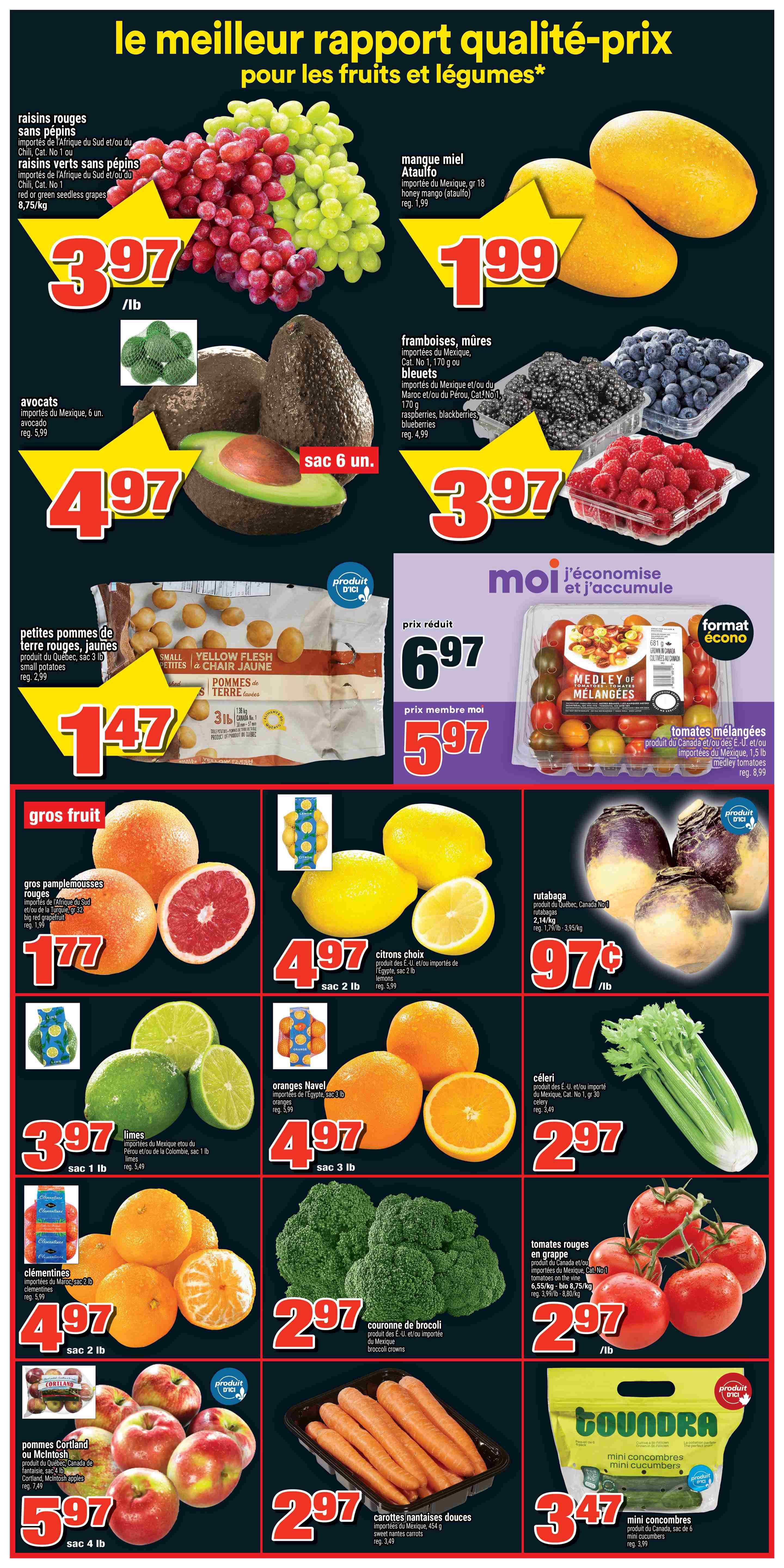 Super C weekly flyer specials page 4 features a wide selection of fresh fruits and vegetables. Highlights include red and green seedless grapes for $3.97/lb, Ataulfo honey mangoes for $1.99 each, and avocados for $4.97 for a 6-count bag. Also featured are raspberries, blackberries, and blueberries for $3.97 per 170g container. Small yellow flesh potatoes from Quebec are $1.47 for a 3lb bag. Medley tomatoes are on special for $5.97, down from $6.97. Large red grapefruit are $1.77 each. Lemons are $4.97 for a 2lb bag. Rutabaga from Quebec is $0.97/lb. Navel oranges are $4.97 for a 3lb bag. Celery is $2.97 per bunch. Clementines are $4.97 for a 2lb bag. Broccoli crowns are $2.97 each. Cortland or McIntosh apples are $5.97 for a 4lb bag. Sweet carrots are $2.97 for a 454g bag. Mini cucumbers are $3.47 for a 6-count bag. Tomatoes on the vine are $2.97/lb.