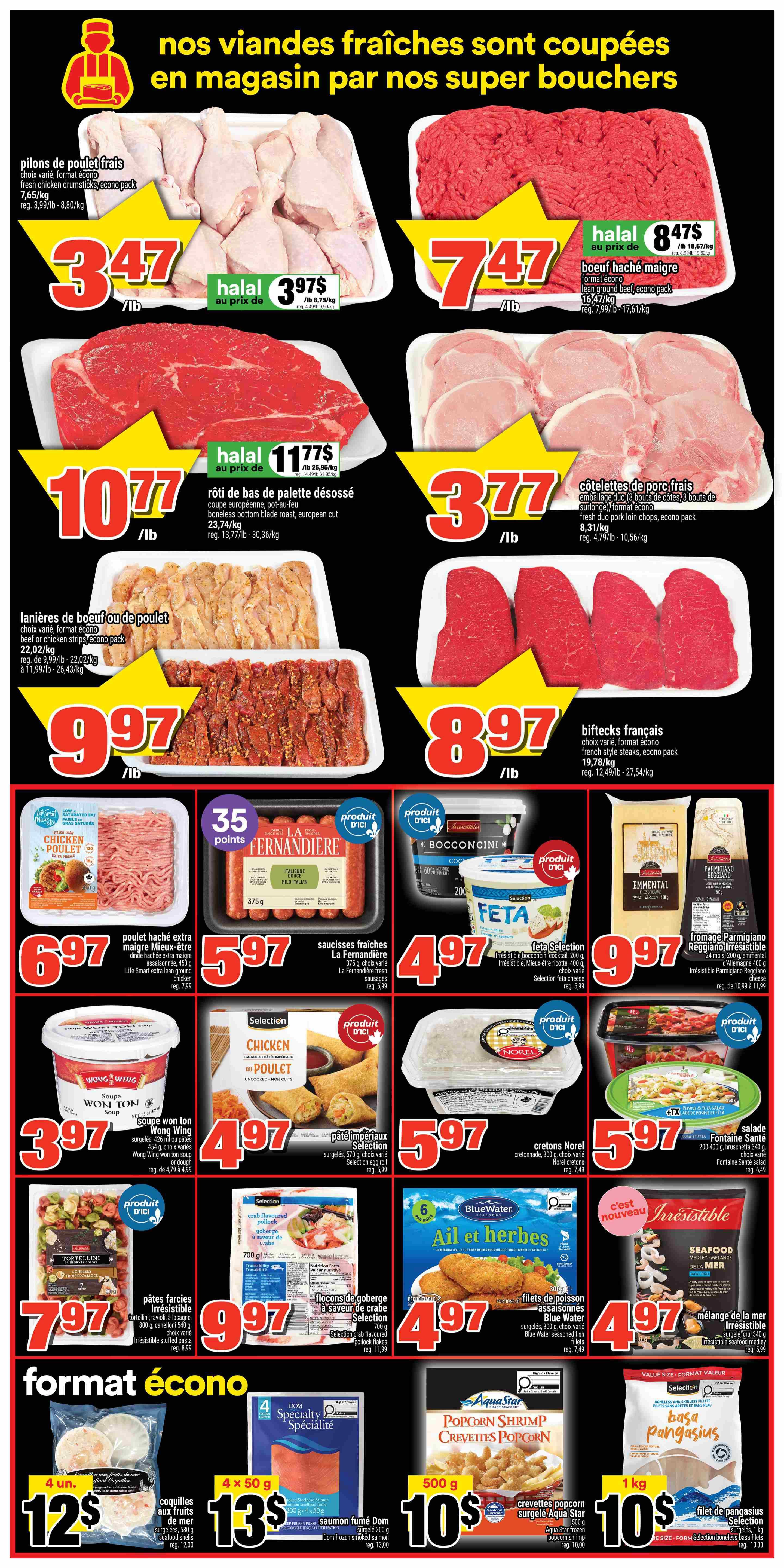 Super C weekly flyer specials page 5 features a wide selection of fresh meats and seafood. Top row includes fresh chicken drumsticks for $3.97/lb, halal ground beef for $7.47/lb, and halal boneless bottom blade roast for $11.77/lb. Middle row offers beef or chicken strips for $9.97/lb, fresh duo pork loin chops for $3.77/lb, and French style steaks for $8.97/lb. Further down, find extra lean ground chicken for $6.97/lb, La Fernandière fresh sausages for $5.97, Feta Selection irresistible ricotta cheese for $4.97, and Parmigiano Reggiano cheese for $9.97. Other items include Wong Wing wonton soup for $3.97, Selection chicken egg rolls for $4.97, Norell cretons for $5.97, and Fontaine Santé salad for $5.97. The bottom section highlights frozen seafood and other products: Tortellini stuffed pasta for $7.97, Selection crab flavoured pollock flakes for $9.97, Blue Water seasoned fish fillets for $4.97, Irresistible seafood medley for $4.97. The 'format écono' section includes seafood shells for $12, Dom frozen smoked salmon for $13, Aqua Star frozen popcorn shrimp for $10, and Selection boneless basa pangasius fillet for $10.