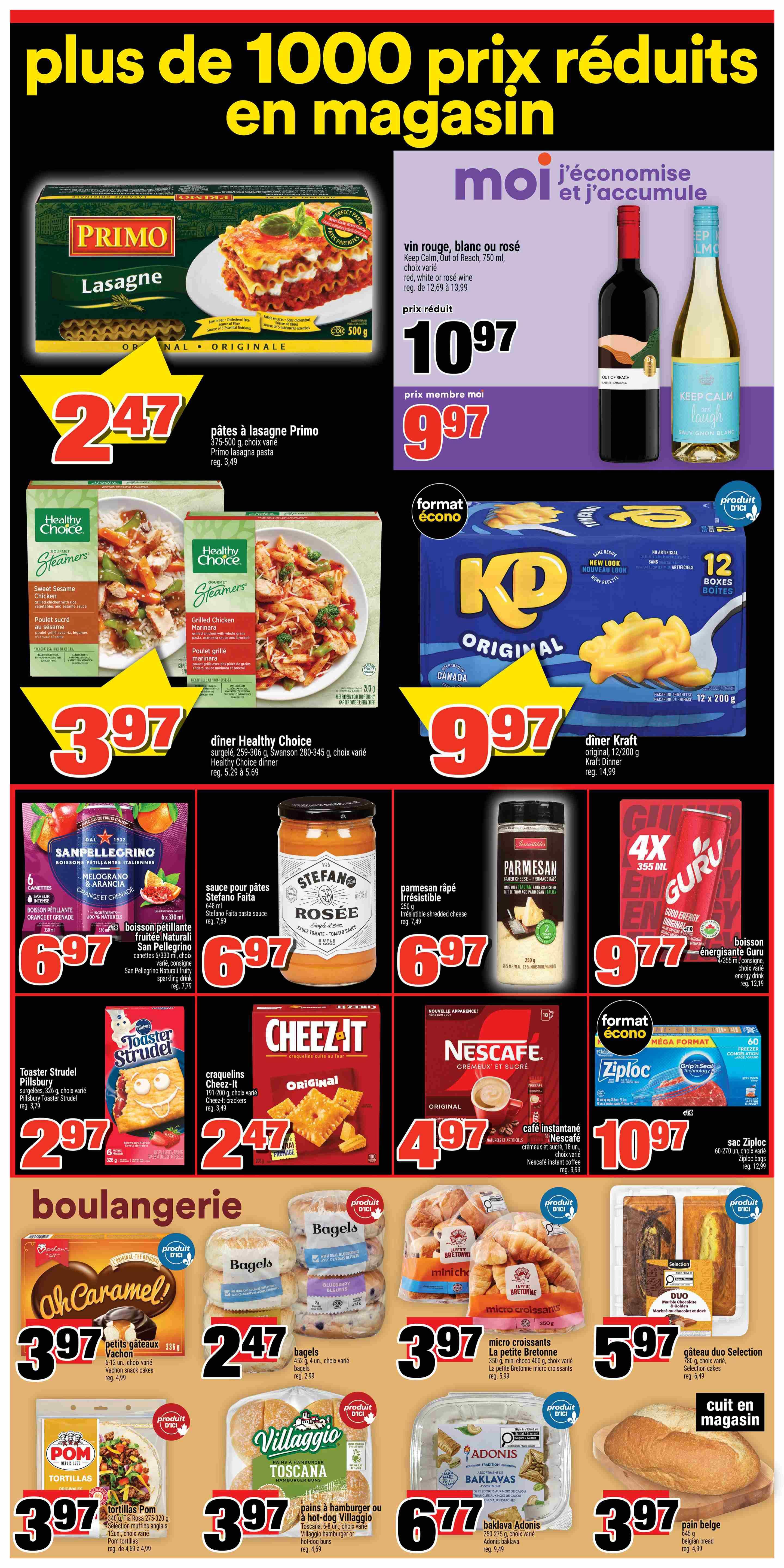 Super C weekly flyer specials page 7 features a variety of food items. Top section includes Primo Lasagna for $2.47 (regular $3.49), Healthy Choice Steamers dinners for $3.97 (regular $5.29 to $5.69), and Kraft Dinner original 12-box for $9.97 (regular $14.99). Also featured are Keep Calm red, white or rosé wine for a reduced price of $10.97 (member price $9.97). Other items include San Pellegrino sparkling beverages 6x330ml for $6.97, Stefano Faita pasta sauce for $6.97 (regular $7.49), and 250g shredded Parmesan cheese for $6.97 (regular $7.49). In the middle section, Pillsbury Toaster Strudel is $2.97, Cheez-It crackers are $2.47, Nescafé instant coffee is $4.97 (regular $9.99), and Ziploc bags are $10.97 (regular $12.99). The bottom section highlights bakery items: Vachon cakes for $3.97, Bagels for $2.47 (regular $2.99), La Petite Bretonne micro croissants for $3.97 (regular $5.99), and Duo Selection cakes for $5.97 (regular $6.49). Also available are Pom Tortillas for $3.97 (regular $4.69), Villaggio hot dog or hamburger buns for $3.97 (regular $4.69), Adonis Baklava for $6.77 (regular $9.49), and fresh baked Belgian bread for $3.97.