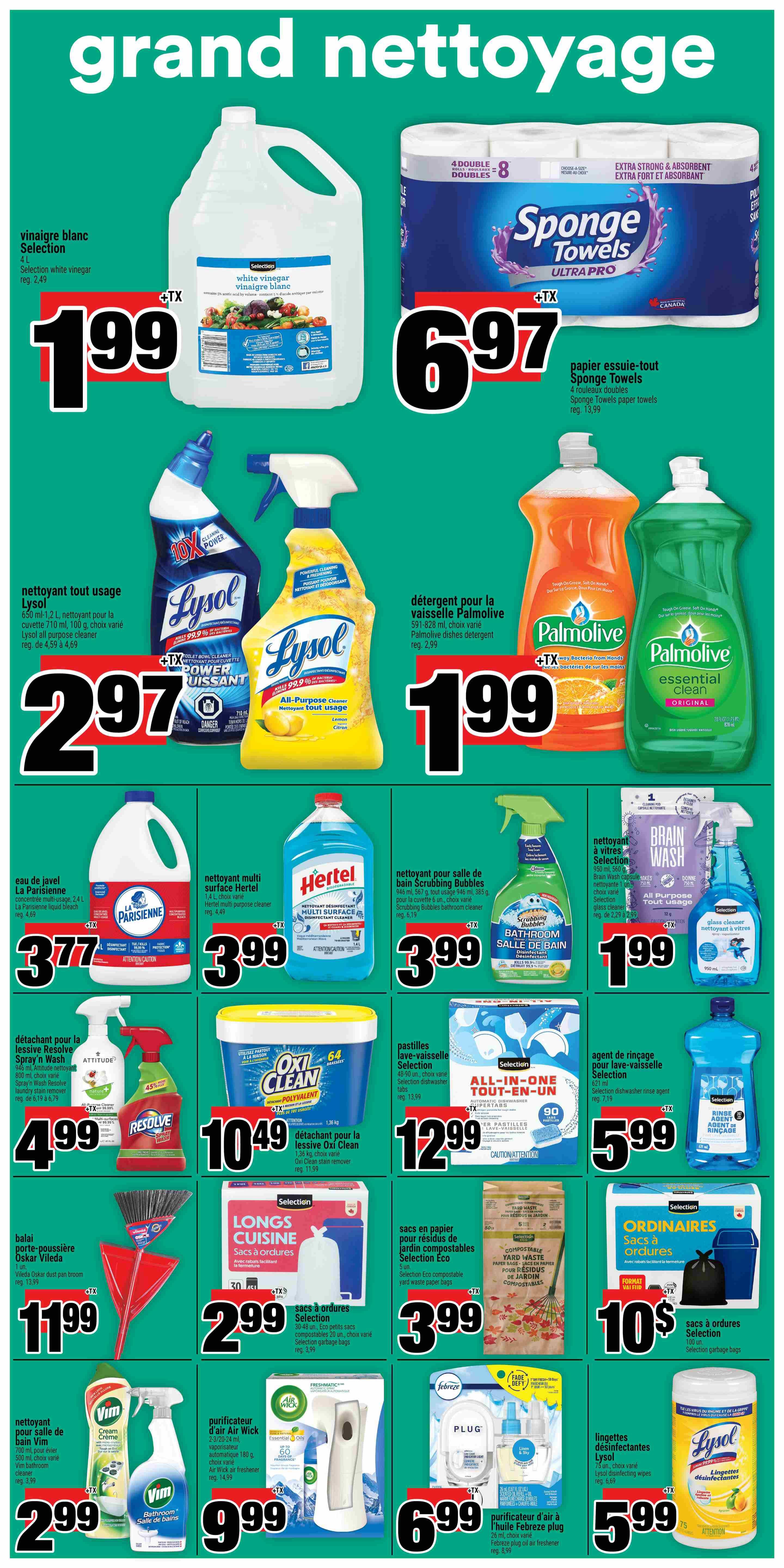 Super C weekly flyer specials page 8, featuring a grand cleaning sale. Offers include Selection white vinegar 4L for $1.99, Sponge Towels Ultra Pro 4 double rolls for $6.97, Lysol all-purpose cleaner 650 ml - 1.2 L for $2.97, and Palmolive dish detergent 591-828 ml for $1.99. Also featured are La Parisienne liquid bleach 2.4 L for $3.77, Hertel multi-surface cleaner 1 L for $3.99, Scrubbing Bubbles bathroom cleaner 650 ml for $3.99, and Selection Brain Wash glass cleaner 950 ml for $1.99. Resolve Spray 'n Wash laundry stain remover 2.4 L is on sale for $4.99. Oxi Clean stain remover 1.36 kg is $10.49. Selection all-in-one dishwasher tablets 90 count are $12.99, and Selection rinse aid for dishwashers 627 ml is $5.99. Oskar Vilda broom is $11.99. Selection kitchen bags 30 count are $2.99. Selection eco-friendly yard waste bags 5 count are $3.99. Selection garbage bags 100 count are $10. VIM bathroom cleaner 700 ml is $2.99. Air Wick essential oil air freshener 180 g is $9.99. Febreze Plug air freshener is $6.99. Lysol disinfecting wipes 75 count are $5.99.