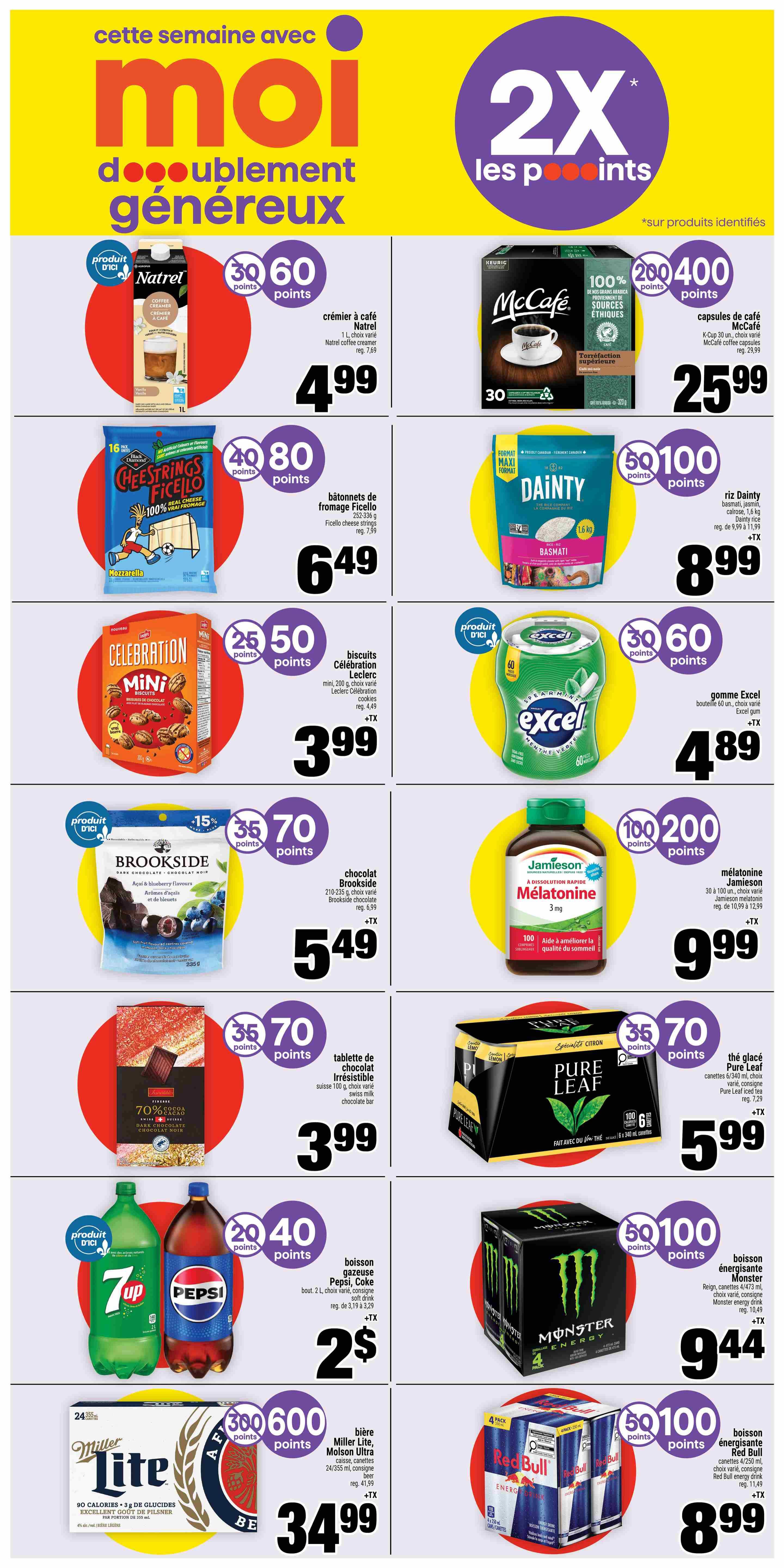 Super C weekly flyer specials page 10 features a '2X Moi points' promotion on select products. Featured items include Natrel coffee creamer for $4.99, McCafe coffee capsules for $25.99, Ficello cheese strings for $6.49, Dainty Basmati rice for $8.99, Leclerc Celebration cookies for $3.99, Excel gum for $4.89, Brookside chocolate for $5.49, Jamieson Melatonin for $9.99, Swiss milk chocolate bar for $3.99, Pure Leaf iced tea for $5.99, 7UP and Pepsi soft drinks for $2.00, Monster energy drink for $9.44, Miller Lite and Molson Canadian beer for $34.99, and Red Bull energy drink for $8.99.
