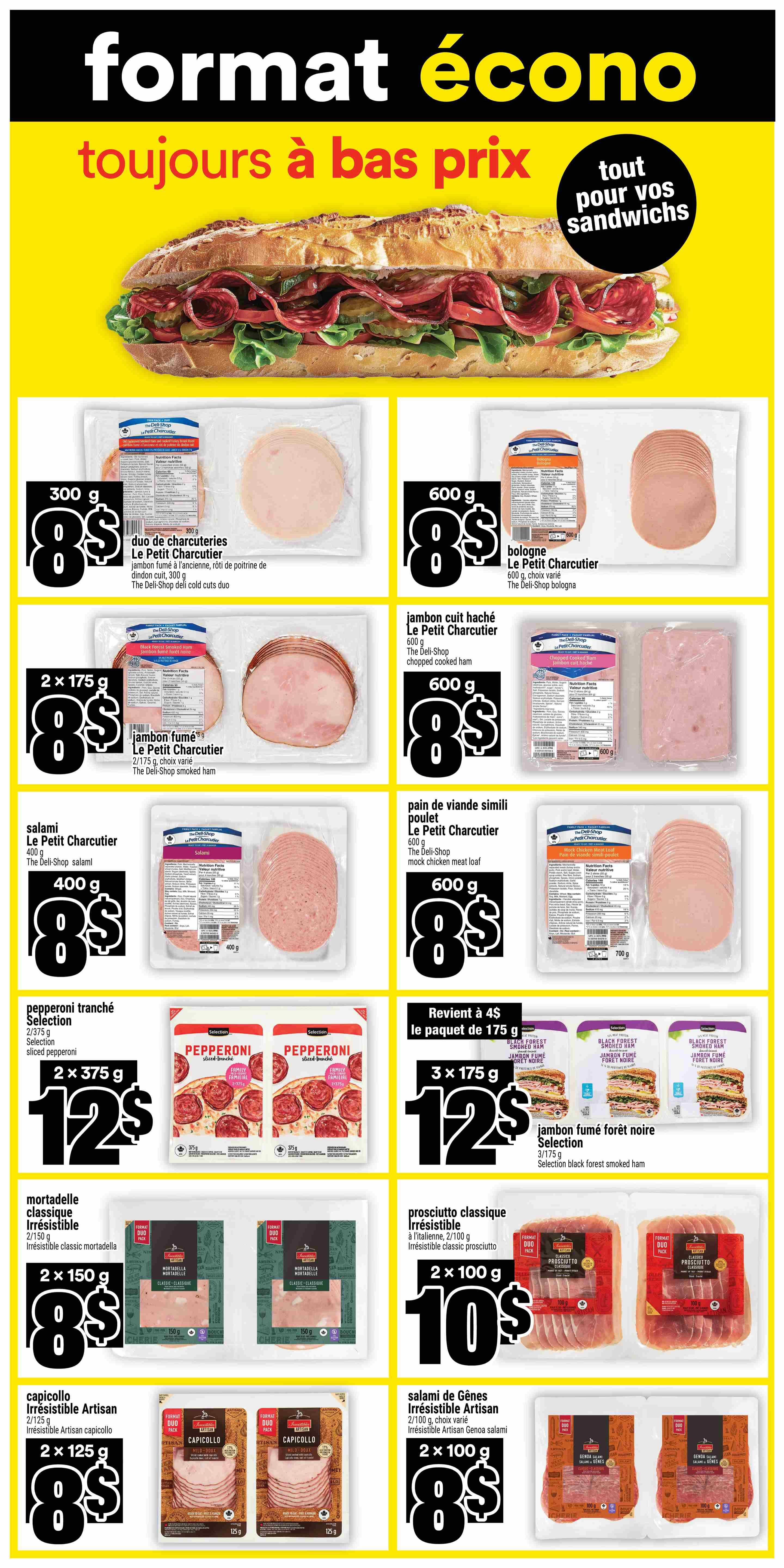 Super C weekly flyer specials page 14 features a large image of a sandwich at the top. The page showcases various deli meats on sale. Offers include: 300g Le Petit Charcutier deli cuts duo for $8, 600g The Deli-Shop bologna for $8, 2 x 175g Le Petit Charcutier smoked ham for $8, 600g The Deli-Shop chopped cooked ham for $8, 400g Le Petit Charcutier salami for $8, 600g The Deli-Shop mock chicken meat loaf for $8. Also featured are 2 x 375g Selection sliced pepperoni for $12, and 3 x 175g Selection black forest smoked ham for $12. Additionally, 2 x 150g Irresistible classic mortadella is $8, 2 x 100g Irresistible classic prosciutto is $10, 2 x 125g Irresistible Artisan capicollo is $8, and 2 x 100g Irresistible Artisan Genoa salami is $8.