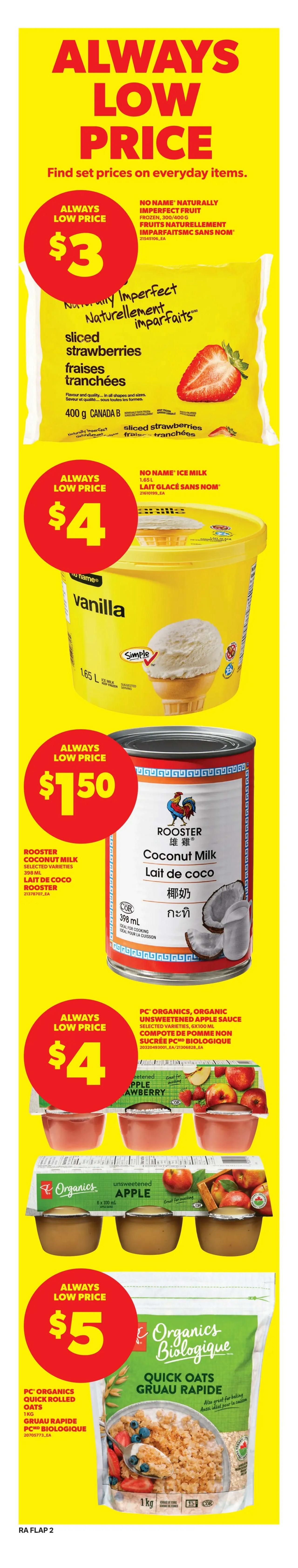 Atlantic Superstore weekly flyer specials page 3. Deal Drop: PC Salad Spinner for $15, 50% off or more. Proudly Canadian section features Chicken Breasts, Bone-in or Boneless, or Wings for $4.99 LB. Inside Round Roast, Cut from Canada AA or USDA Select Grade Beef for $7.88 LB, save up to 39%. Farmer's Market Russet Potatoes, 10 LB bag for $3.99, save up to $1.00. PG Extra Green Seedless Grapes or Red Seedless Grapes for $2.99 LB, save up to $1.00. Optimum app exclusive offer: Earn 25,000 Optimum points for every $100 spent on small appliances, toys, patio & BBQ, home, baby, cosmetics, health & beauty, pharmacy, apparel, pet food & accessories, get $25 back in points. Country Harvest Bagels or Bread for $3. Seaquest Colossal White Shrimp Raw Zipperback for $6.50, save up to 31%. Dr. Oetker Giuseppe Pizza, Frozen Pizza or Wood-Fired Pizza for $5, save up to 28%. Becel Margarine or Selected Varieties for $7. Philadelphia Cream Cheese or Dips for $4, save up to 42%. Liberte Greek Yogurt or Mediterranean Tubs for $3.50, save up to 30%. Hot Deal: Colavita Extra Virgin Olive Oil for $13. Silk Non-Diary Beverages for $3.25, save up to 18%. Coca-Cola, Sprite, Canada Dry or Fanta Soft Drinks or Pepsi Soft Drinks 24x355mL for $12.99, equivalent to 54 cents per can. Royale Bathroom Tissue or Facial Tissue for $13, save up to 47%. One Day Only! Monday, April 20th: Buy any Huggies Pull-Ups Training Pants or Huggies Wipes and get 1 free pack of Huggies Diapers. Also on Monday, April 20th: Huggies Econo Pack Diapers for $35, limit 4. Huggies 16x Baby Wipes for $23, limit 4. PC Organics Baby Food Pouch for $1. Flyer prices effective Thursday, April 16th to Wednesday, April 22nd, 2026.