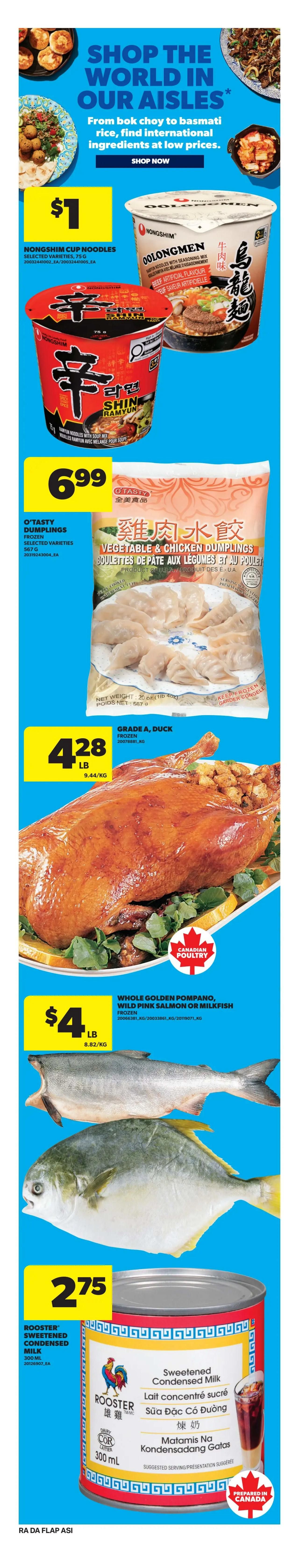 Atlantic Superstore weekly flyer specials, page 7. Features international ingredients with a 'Shop the World in Our Aisles' theme. Includes Nongshim Cup Noodles for $1, O'Tasty Vegetable & Chicken Dumplings for $6.99, Grade A Duck frozen for $4.28 per pound, Whole Golden Pompano, Wild Pink Salmon or Milkfish frozen for $4 per pound, and Rooster Sweetened Condensed Milk 300 mL for $2.75. The duck is highlighted with a 'Canadian Poultry' logo.