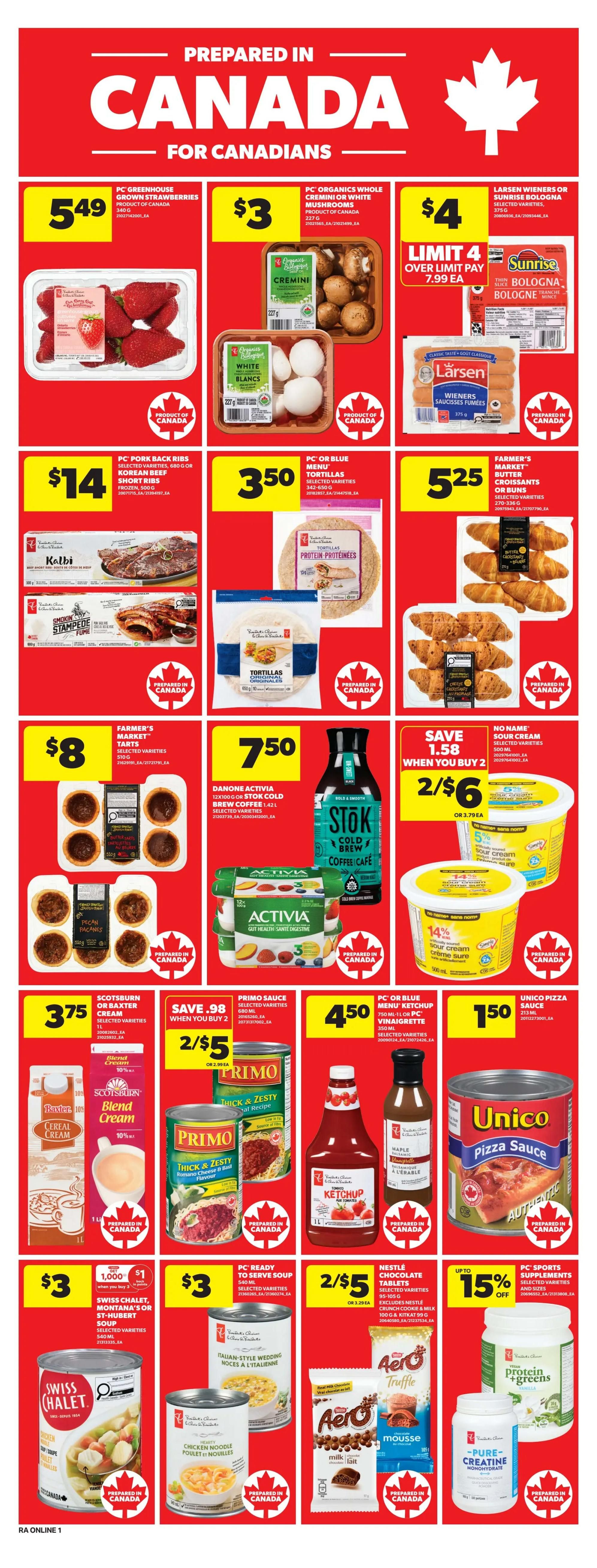 Atlantic Superstore weekly flyer specials page 10 features PC Greenhouse Grown Strawberries for $5.49, PC Organics Whole Cremini or White Mushrooms for $3, and Larsen Wieners or Sunrise Bologna for $4 with a limit of 4. Also available are PC Pork Back Ribs Korean Style Short Ribs for $14, PC or Blue Menu Tortillas for $3.50, and Farmer's Market Butter Croissants for $5.25. Farmer's Market Tarts are $8. Danone Activia Yogurt is 2 for $6, saving $1.58 when you buy 2, and No Name Sour Cream is also 2 for $6, saving $1.58 when you buy 2. Stk Cold Brew Coffee Cafe is featured. Scotsburn or Baxter Cream is $3.75. Primo Sauce is 2 for $5, saving $0.98 when you buy 2. PC or Blue Menu Ketchup or Vinaigrette is $4.50. Unico Pizza Sauce is $1.50. Swiss Chalet, Montana's or St-Hubert Soup is $3, with a 1,000 loyalty points offer when you buy 3. PC Ready to Serve Soup is $3. Nestlé Chocolate Tablets are 2 for $5. Up to 15% off PC Sports Supplements, including Protein + Greens and Pure Creatine Monohydrate.