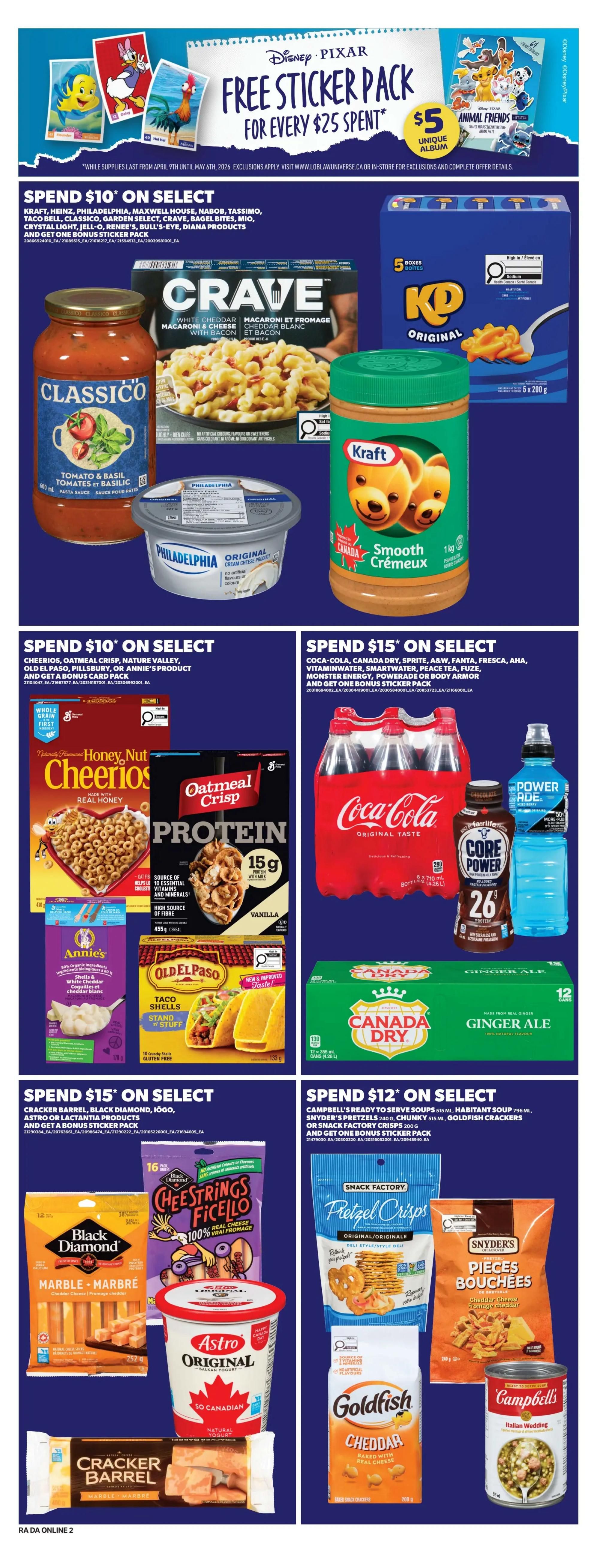 Atlantic Superstore weekly flyer specials page 11 features a Disney Pixar Free Sticker Pack promotion for every $25 spent, with a $5 Animal Friends sticker pack available. Promotions include: Spend $10 on select Kraft, Heinz, Philadelphia, Maxwell House, Nabob, Tassimo, Taco Bell, Classico, Garden Select, Crave, Bagel Bites, Mio, Crystal Light, Jell-O, Renee's, Bull's-Eye, and Diana products to get a bonus sticker pack. Featured products are Classico Tomato & Basil Pasta Sauce, Crave Macaroni & Cheese with Bacon, Philadelphia Original Cream Cheese, and Kraft Smooth Peanut Butter. Spend $10 on select Cheerios, Oatmeal Crisp, Nature Valley, Old El Paso, Pillsbury, or Annie's products to get a bonus sticker pack. Featured products are Honey Nut Cheerios, Oatmeal Crisp Protein cereal, Annie's Shells & White Cheddar Macaroni & Cheese, and Old El Paso Taco Shells. Spend $15 on select Coca-Cola, Canada Dry, Sprite, A&W, Fanta, Fresca, AHA, Vitaminwater, Smartwater, Peace Tea, Fuzetea, Monster Energy, Powerade or Body Armor to get a bonus sticker pack. Featured products are Coca-Cola Original Taste 6x710ml bottles, Powerade, and Canada Dry Ginger Ale 12 cans. Spend $15 on select Cracker Barrel, Black Diamond, IOGO, Astro or Lactantia products and get a bonus sticker pack. Featured products are Black Diamond Marble Cheese, Astro Original Balkan Yogurt, Cracker Barrel Marble Cheese, and Cheestrings Ficello. Spend $12 on select Campbell's Ready to Serve Soups, Mmm! Habitant Soup, Snyder's Pretzels, Goldfish Crackers or Snack Factory Pretzel Crisps to get a bonus sticker pack. Featured products are Campbell's Italian Wedding Soup, Snack Factory Pretzel Crisps, Snyder's Pretzel Pieces, and Goldfish Cheddar crackers.