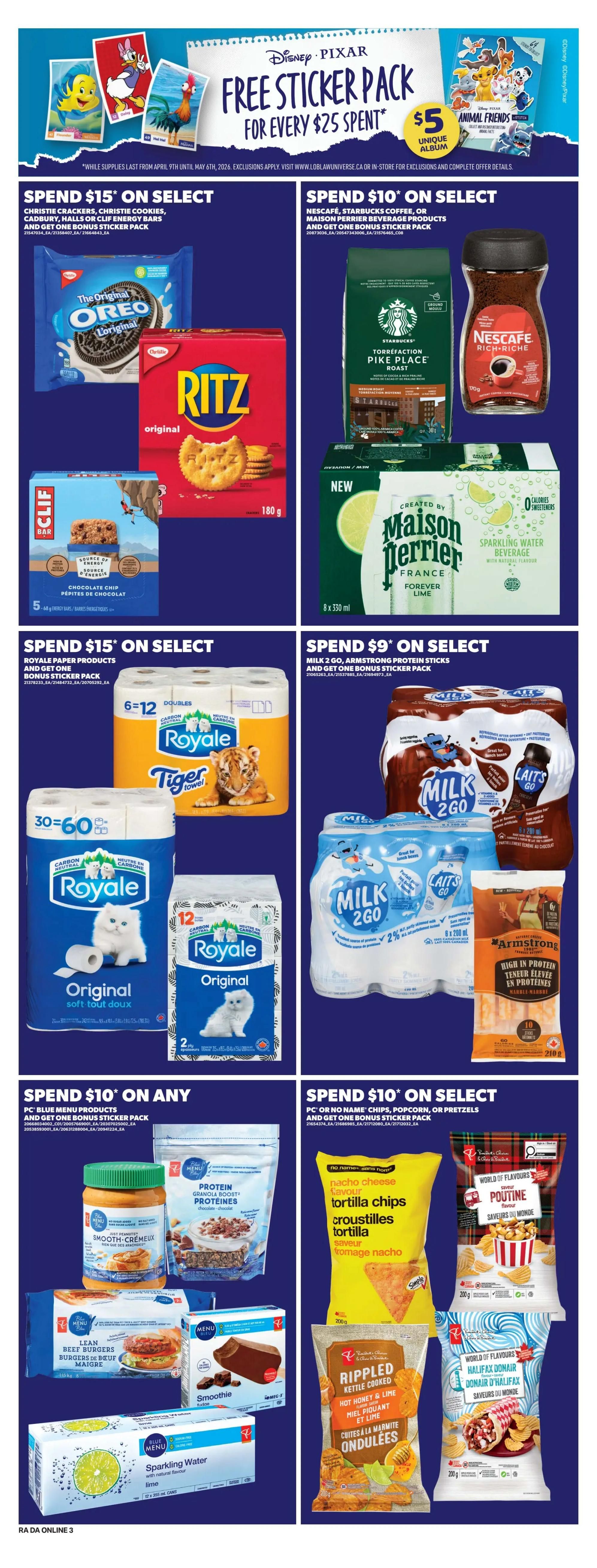 Atlantic Superstore weekly flyer specials page 12. Spend $25 on select items and get a free Disney Pixar sticker pack. Spend $15 on Christie crackers, Christie cookies, Cadbury, Halls, or Clif Energy Bars and get one bonus sticker pack. Featured products include Oreo cookies and Ritz original crackers. Spend $10 on Nescafé, Starbucks coffee, or Maison Perrier beverage products and get one bonus sticker pack. Products shown are Starbucks Pike Place Roast coffee and Nescafé Rich-Rich coffee, and Maison Perrier Forever Lime sparkling water. Spend $15 on Royale paper products and get one bonus sticker pack, featuring Royale Original 6=12 double rolls and 12=24 regular rolls. Spend $9 on Milk 2 Go, Armstrong protein sticks, and get one bonus sticker pack. Products shown are Milk 2 Go chocolate milk and Armstrong High in Protein sticks. Spend $10 on PC Blue Menu products and get one bonus sticker pack, featuring PC Blue Menu Lean Beef Burgers, PC Blue Menu Smoothies, and PC Blue Menu Sparkling Water with natural lime flavour. Spend $10 on PC or No Name chips, popcorn, or pretzels and get one bonus sticker pack. Products shown are PC Nacho Cheese Tortilla Chips, PC Ripped Kettle Cooked Hot Honey & Lime chips, World of Flavours Poutine chips, and World of Flavours Donair D'Halifax chips.