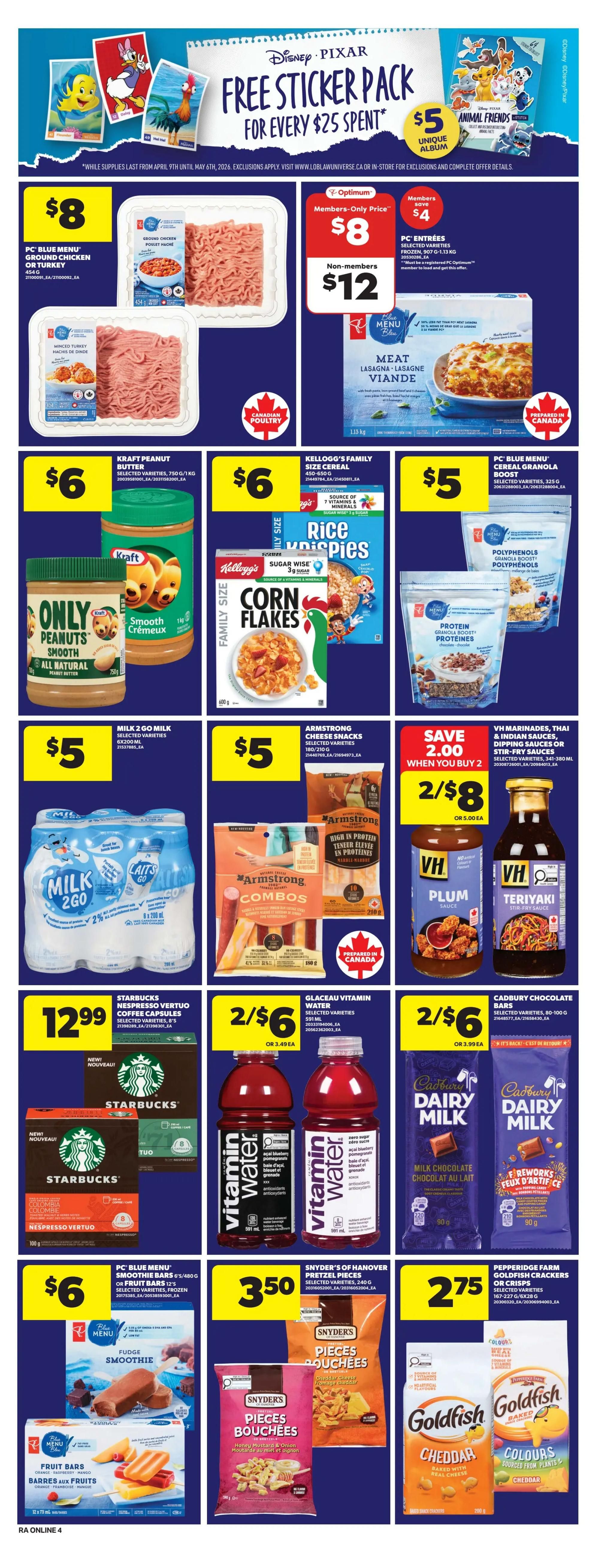 Atlantic Superstore weekly flyer specials page 13 features a Disney Pixar free sticker pack offer for every $25 spent. Featured products include PC Blue Menu ground chicken or turkey for $8, PC Entrees selected varieties frozen for a members-only price of $8 (non-members $12), Kraft Peanut Butter selected varieties 750g/1kg for $6, Kellogg's Family Size Cereal 450g-600g for $6, PC Blue Menu cereal granola bars selected varieties 325g for $5, Milk 2 Go milk 6x200mL for $5, Armstrong cheese snacks selected varieties 180/210g for $5, VH marinades, Thai & Indian sauces, dipping sauces or stir-fry sauces selected varieties 341-380ml for save $2.00 when you buy 2, Starbucks Nespresso Vertuo coffee capsules selected varieties for $12.99, Glaceau Vitamin Water selected varieties 591mL for 2 for $6, Cadbury Chocolate Bars Dairy Milk 100g for 2 for $6, PC Blue Menu smoothie bars or fruit bars 12's for $6, Snyder's of Hanover pretzel pieces selected varieties 240g for $3.50, and Pepperidge Farm Goldfish crackers or crisps selected varieties 167-227g for $2.75.