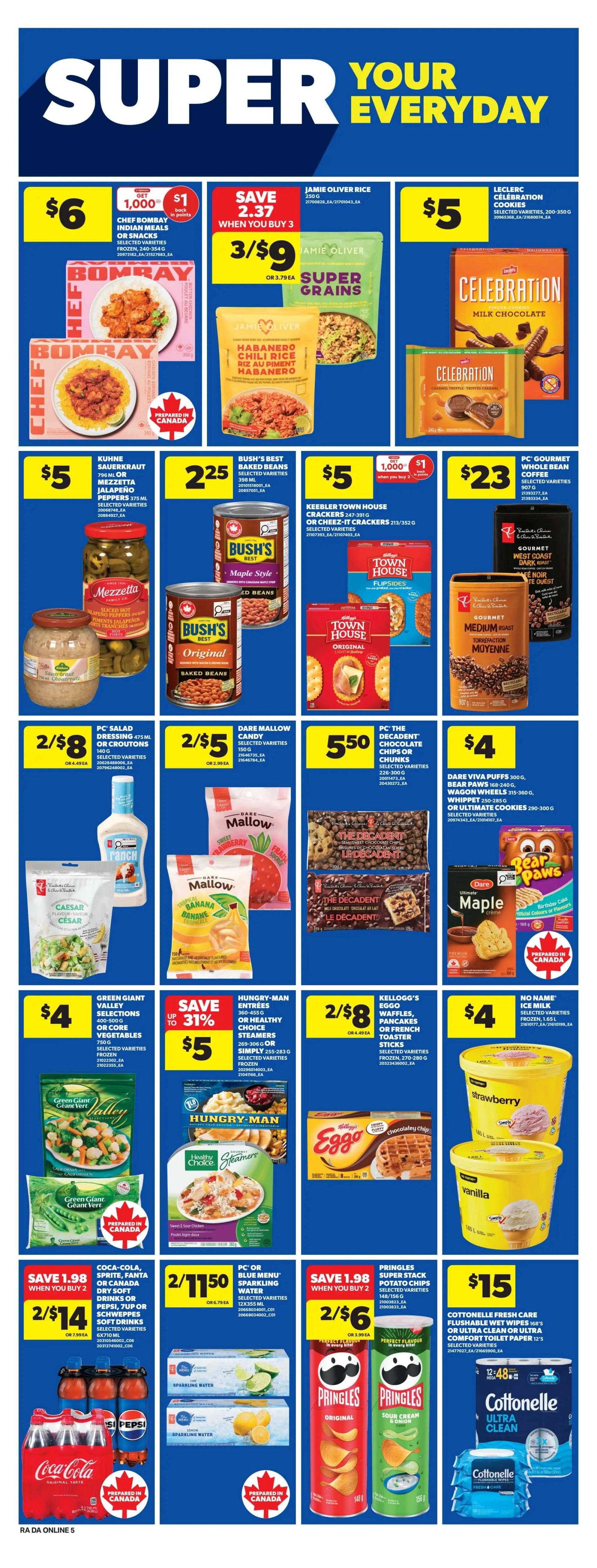Atlantic Superstore weekly flyer specials page 16. Featured deals include Chef Bombay Indian meals or snacks for $6, Jamie Oliver Super Grains rice for 3/$9, and Leclerc Celebration cookies for $5. Also available are Kuhne sauerkraut or Mezzetta peppers for $5, Bush's Best baked beans for $2.25, and Keebler Town House crackers or Cheez-It crackers for $5. PC The Decadent chocolate chips or chunks are $5.50. Dare Viva Puffs are $4. PC Salad dressing or croutons are 2/$8. Dare Mallow candy is 2/$5. Green Giant Valley selections frozen vegetables are $4. Hungry-Man entrees or healthy choice entrees are on sale up to 31% off, for $5. Kellogg's Eggo waffles, pancakes, or French toast sticks are 2/$8. No Name Ice Milk is $4. Coca-Cola, Sprite, Fanta, or Schweppes soft drinks are 2/$14 when you buy 2. PC Blue Menu sparkling water is 2/$11.50. Pringles Super Stack potato chips are 2/$6 when you buy 2. Cottonelle Fresh Care flushable wet wipes or ultra clean or ultra comfort toilet paper are $15.
