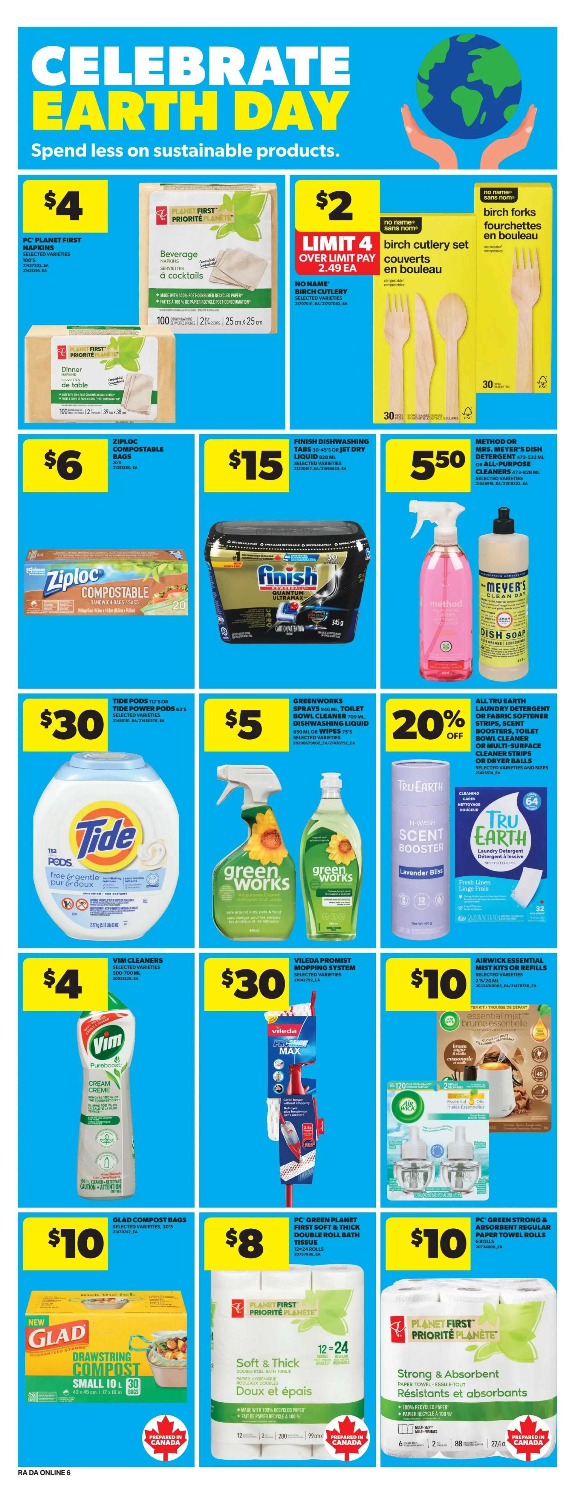 Atlantic Superstore weekly flyer specials page 17, celebrating Earth Day with sustainable products. Featured items include PC Planet First Napkins for $4, Planet First Beverage Napkins for $4, No Name Birch Cutlery Sets for $2 (limit 4, $2.49 each over limit), and No Name Birch Forks for $2. Also available are Ziploc Compostable Bags for $6, Finish Dishwashing Tabs or Jet Dry Liquid for $15, and Method or Mrs. Meyer's Dish Detergent or All-Purpose Cleaner for $5.50. Tide Pods are $30. Greenworks Sprays, Toilet Bowl Cleaner, or Dishwashing Liquid are $5. Tru Earth Laundry Detergent or Fabric Softener Strips, Scent Boosters, Toilet Bowl Cleaner, or Multi-Surface Cleaner Strips are 20% off. Vim Cleaners are $4. Vileda Promist Mopping System is $30. Glad Compost Bags are $10. PC Green Planet First Soft & Thick Double Roll Bath Tissue is $8. PC Green Strong & Absorbent Regular Paper Towel Rolls are $10. All featured products are part of sustainable choices.