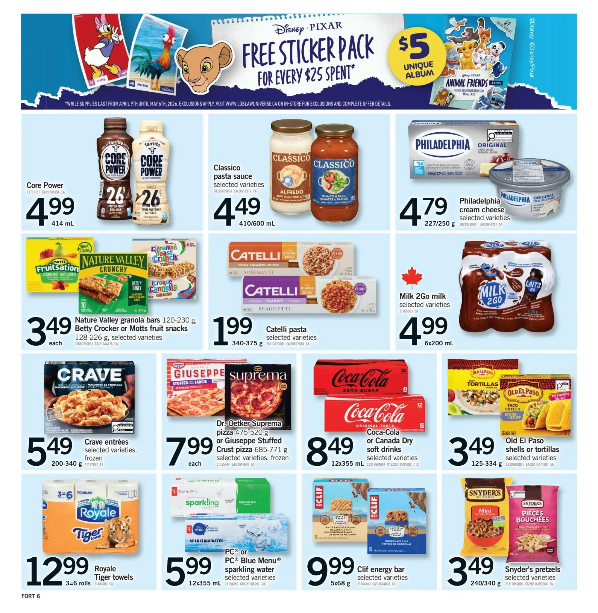 Fortinos weekly flyer specials page 7 features a Disney Pixar free sticker pack for every $25 spent, with a $5 unique album. Featured products include Core Power protein drinks for $4.99, Classico pasta sauce for $4.49, and Philadelphia cream cheese for $4.79. Also on sale are Nature Valley granola bars and Betty Crocker or Motts fruit snacks for $3.49 each, Catelli pasta for $1.99, and Milk 2Go milk for $4.99. Frozen options include Crave entrées for $5.49 and Dr. Oetker Suprema or Giuseppe Stuffed Crust pizzas for $7.99 each. Beverages on offer are Coca-Cola or Canada Dry soft drinks for $8.49, and PC or PC Blue Menu sparkling water for $5.99. Other deals include Royale Tiger towels for $12.99, Old El Paso shells or tortillas for $3.49, and Snyder's pretzels for $3.49.
