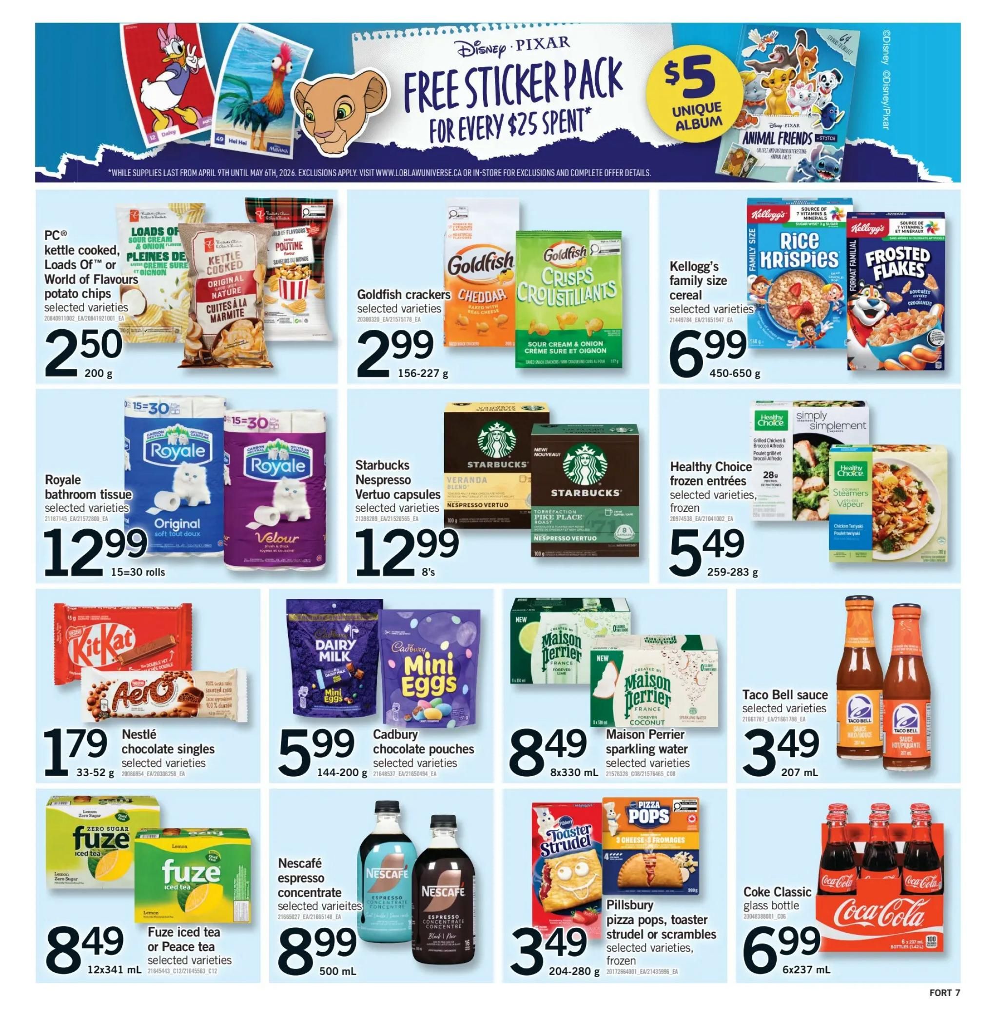 Fortinos weekly flyer specials page 8 features a Disney Pixar free sticker pack offer for every $25 spent, with a $5 unique album. Featured products include PC kettle cooked, Loads Of or World of Flavours potato chips for $2.50, Goldfish crackers for $2.99, and Kellogg's family size cereal for $6.99. Also on sale are Royale bathroom tissue for $12.99, Starbucks Nespresso Vertuo capsules for $12.99, and Healthy Choice frozen entrées for $5.49. Other deals include Nestlé chocolate singles for $1.79, Cadbury chocolate pouches for $5.99, Maison Perrier sparkling water for $8.49, Taco Bell sauce for $3.49, Fuze iced tea or Peace tea for $8.49, Nescafé espresso concentrate for $8.99, and Pillsbury pizza pops, toaster strudel or scrambles for $3.49. Coca-Cola Classic glass bottles are available for $6.99.