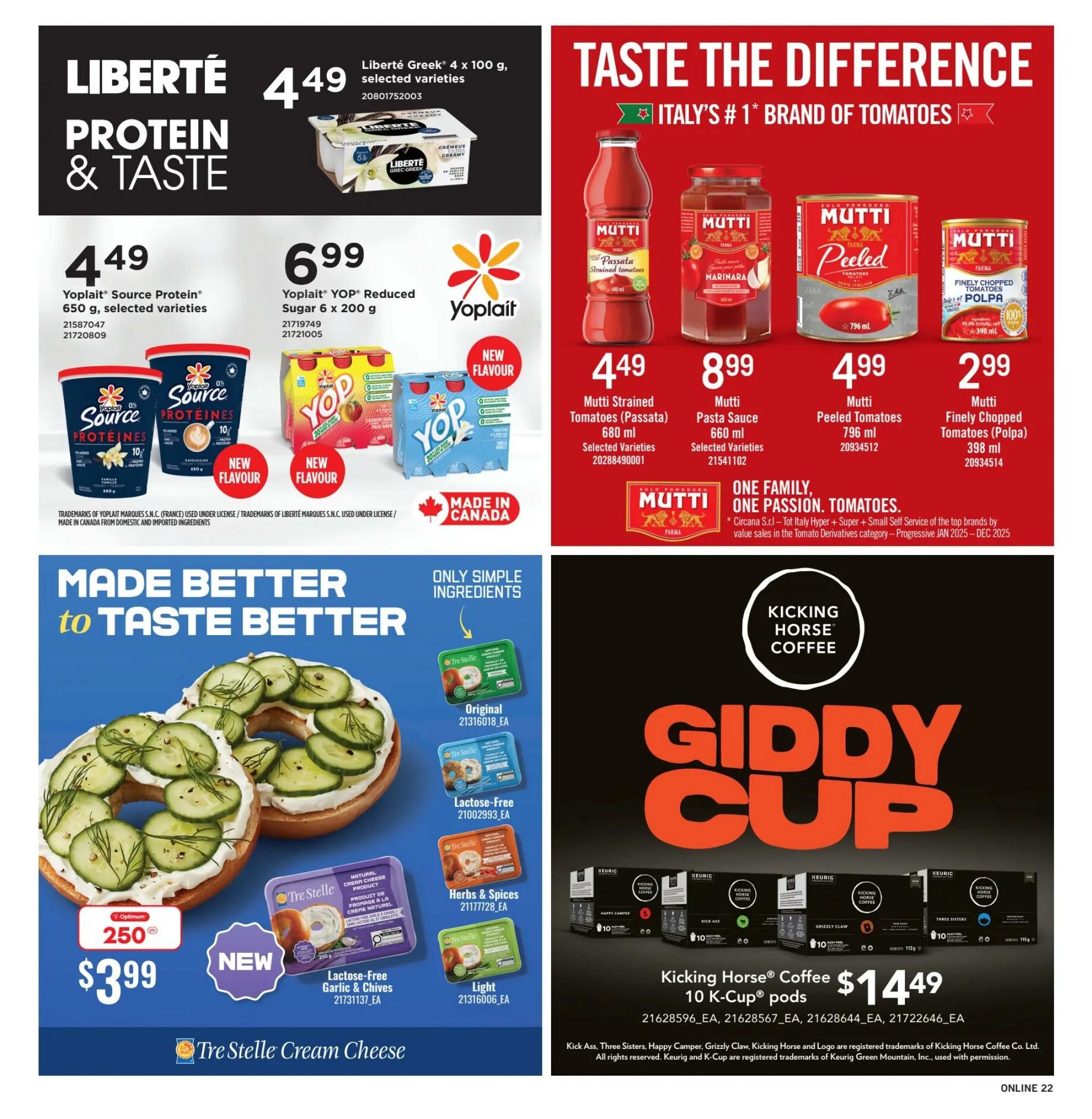Fortinos weekly flyer specials, page 21. Features Liberté Greek Protein & Taste yogurt at $4.49 for a 4-pack of 100g selected varieties. Also on sale is Yoplait Source Protein 650g selected varieties for $4.49 and Yoplait YOP Reduced Sugar 6 x 200g for $6.99, with new flavours available. The flyer highlights Mutti tomatoes, including Mutti Strained Tomatoes (Passata) 680ml for $4.49, Mutti Pasta Sauce 660ml for $8.99, Mutti Peeled Tomatoes 796ml for $4.99, and Mutti Finely Chopped Tomatoes (Polpa) 398ml for $2.99. Additionally, Tre Stelle Cream Cheese is featured with an Optimum offer of 250 points when purchasing Tre Stelle Lactose-Free Garlic & Chives cream cheese for $3.99. The page also advertises Kicking Horse Coffee 10 K-Cup pods for $14.49, with varieties like Kick Ass, Three Sisters, and Grizzly Claw.