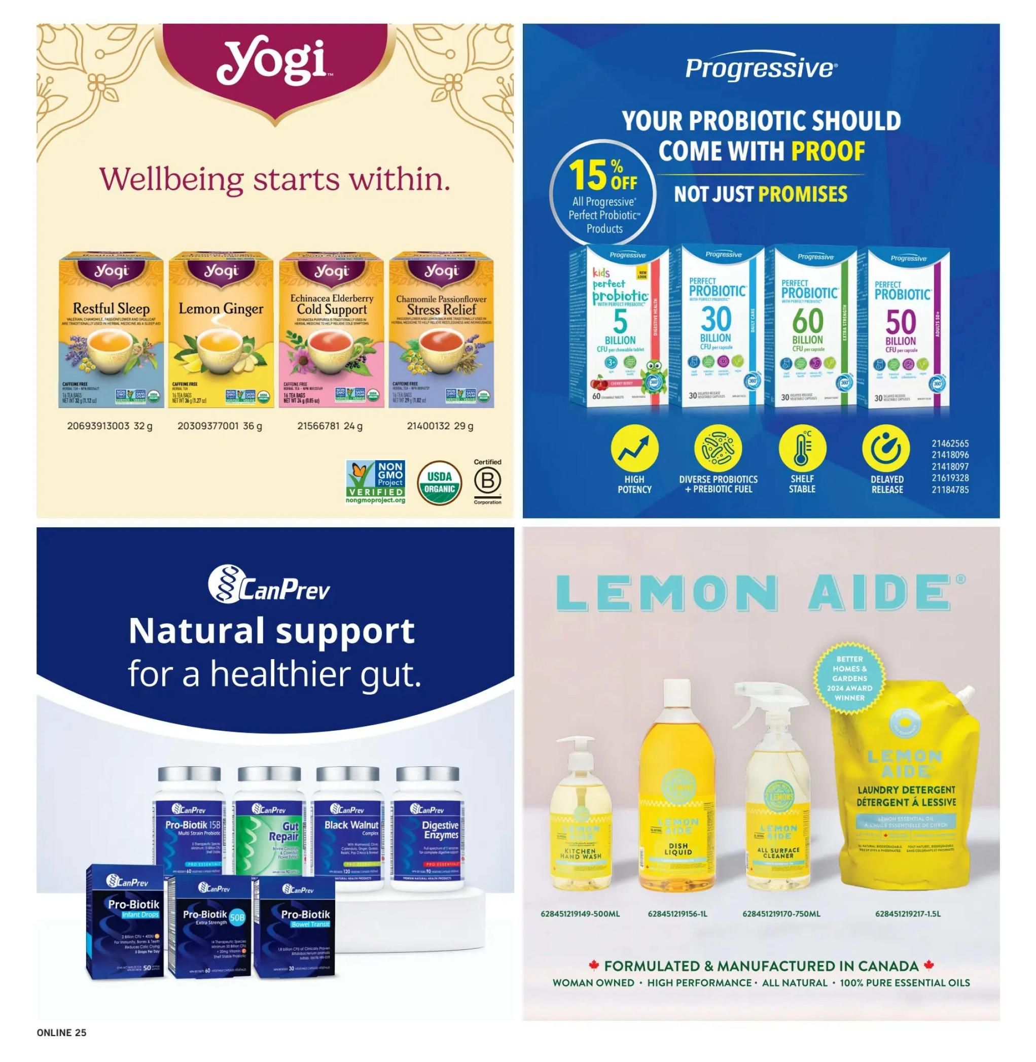 Fortinos Weekly Flyer Specials, Page 24. Features Yogi teas including Restful Sleep, Lemon Ginger, Echinacea Elderberry Cold Support, and Chamomile Passionflower Stress Relief, all caffeine-free and 16 tea bags per box. Also showcases Progressive Perfect Probiotic products with 15% off, offering various strengths like 5 billion CFU for kids, 30 billion CFU for daily care, 60 billion CFU extra strength, and 50 billion CFU for adults 50+. The page also highlights CanPrev Pro-Biotic supplements such as Pro-Biotic 15B Multi Strain Probiotic, Gut Repair, Black Walnut Complex, Pro-Biotic Infant Drops, Pro-Biotic 50B Extra Strength, Pro-Biotic Bowel Transit, and Digestive Enzymes. Additionally, it features Lemon Aide cleaning products: Kitchen Hand Wash, Dish Liquid, All Surface Cleaner, and Laundry Detergent, all formulated and manufactured in Canada with natural ingredients and essential oils.