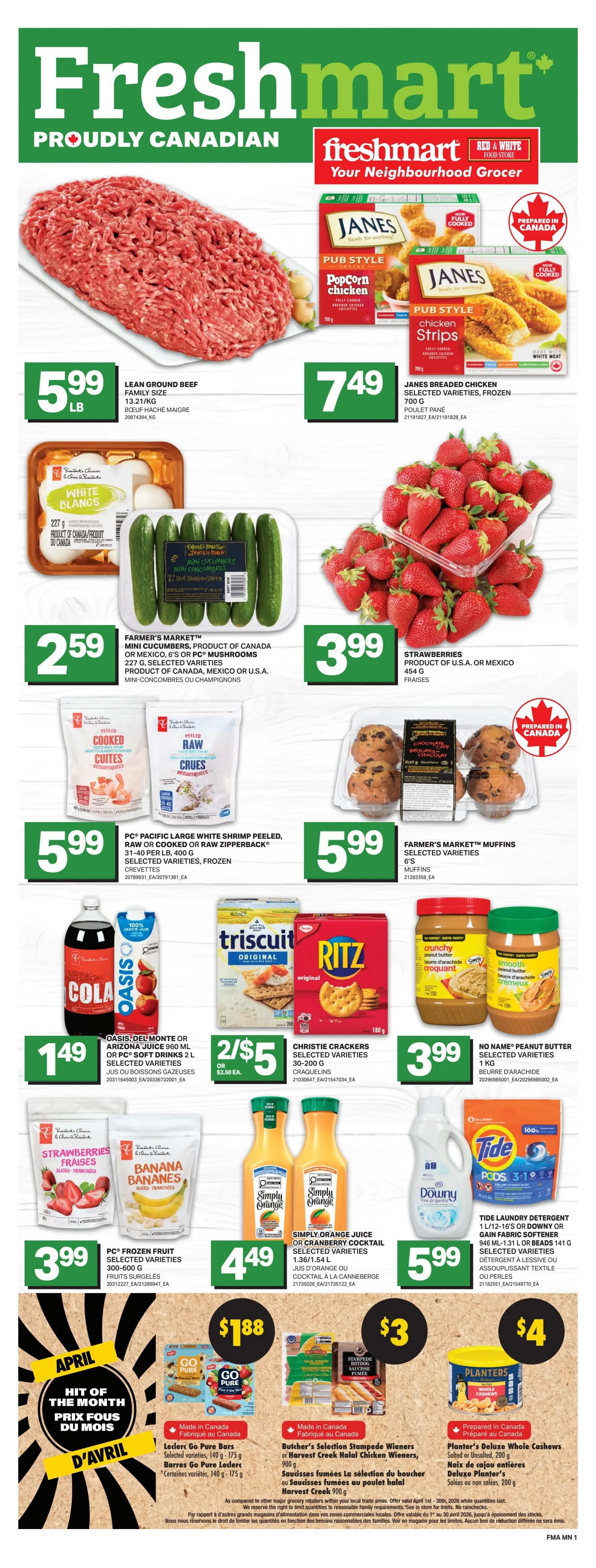 Freshmart flyer featuring No Name brand products. Deals include No Name Naturally Imperfect Mixed Peppers for $6.49, No Name Broth or Vegetables for $1.49, No Name Summer Sausage or Pepperoni or Salami Chub, or Regular or Reduced Salt Bacon for $4.99, and No Name Butter for $5.49. The flyer is valid from Thursday, April 16th to Wednesday, April 22nd, 2026.