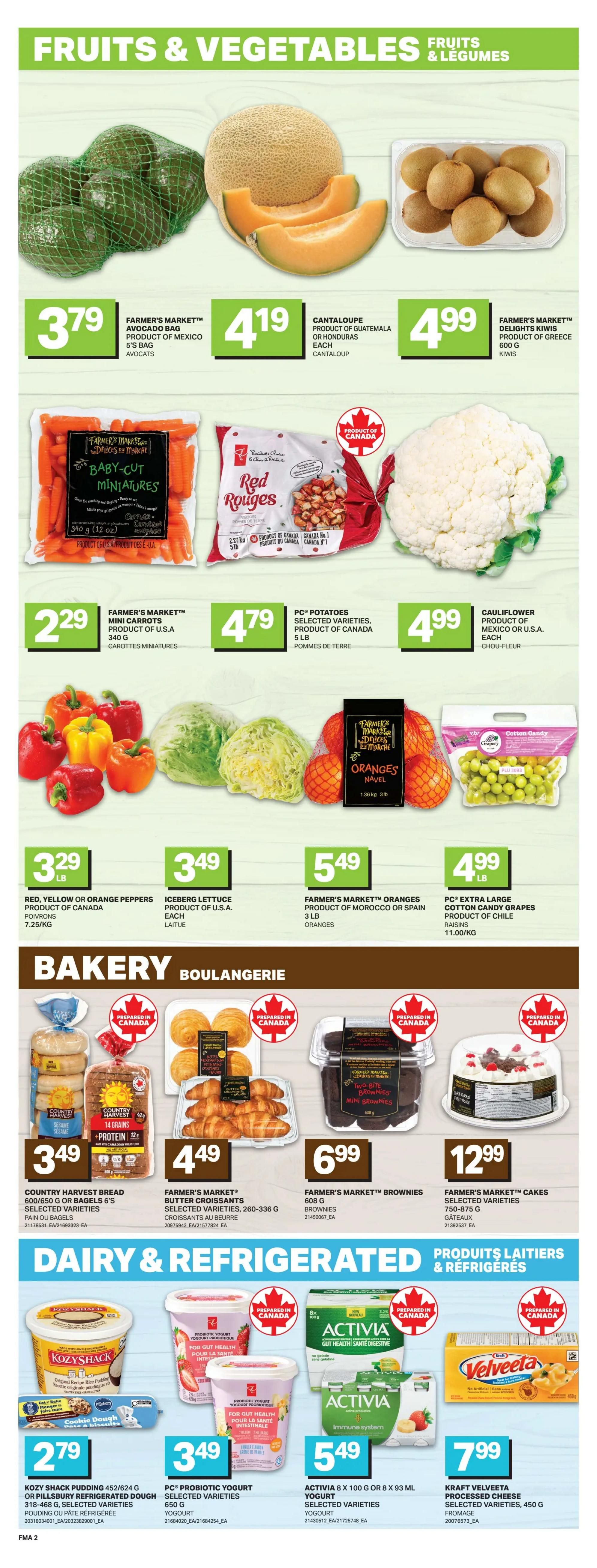 Freshmart Atlantic Canada weekly flyer specials page 5 features a variety of fruits and vegetables including Farmer's Market avocados for $3.79, cantaloupe for $4.19, and Farmer's Market kiwis for $4.99. Also available are Farmer's Market mini carrots for $2.29, PC potatoes for $4.79, and cauliflower for $4.99. Red, yellow, or orange peppers are $3.29/kg, iceberg lettuce is $3.49 each, and Farmer's Market oranges are $5.49 for a 3 lb bag. PC extra large cotton candy grapes are $4.99/lb. In the bakery section, Country Harvest bread or bagels are $3.49, Farmer's Market butter croissants are $4.49, Farmer's Market brownies are $6.99, and Farmer's Market cakes are $12.99. The dairy and refrigerated section includes Kozy Shack pudding or Pillsbury refrigerated dough for $2.79, PC probiotic yogurt for $3.49, Activia yogurt for $5.49, and Kraft Velveeta processed cheese for $7.99.