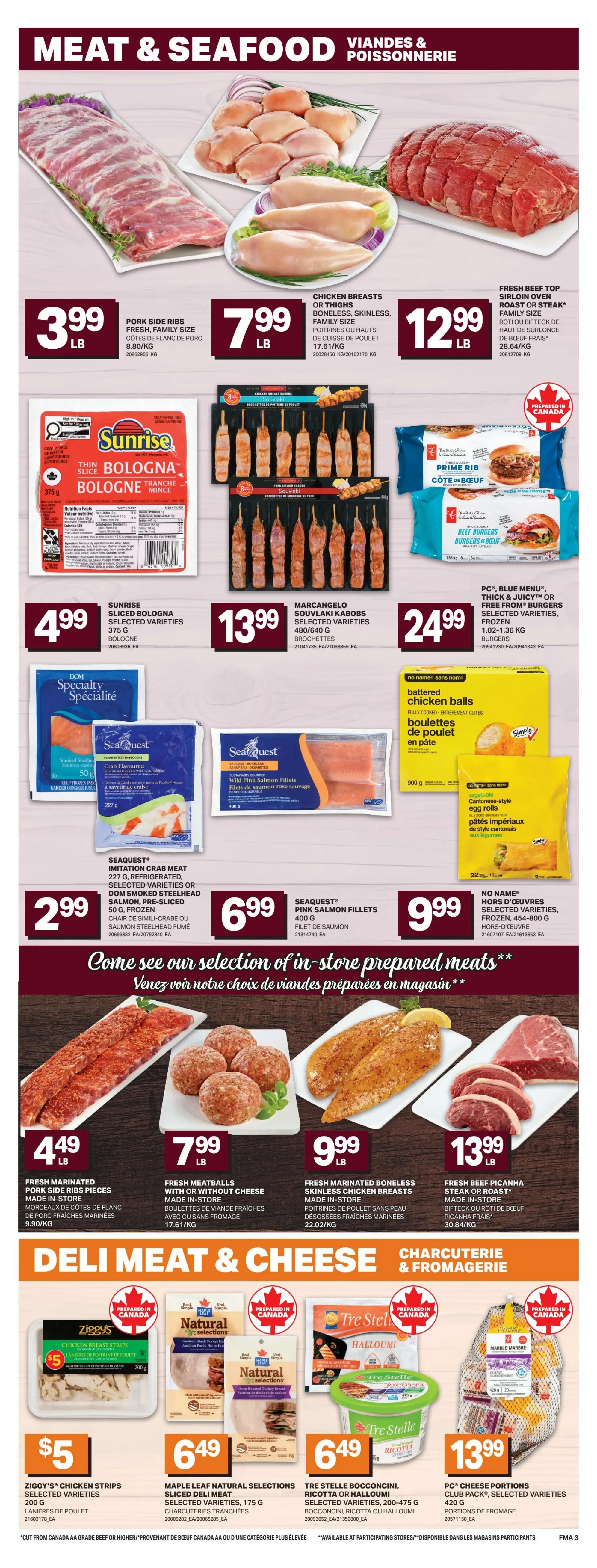 Freshmart Atlantic Canada weekly flyer specials page 6 features a variety of meat and seafood products. Top section showcases fresh pork side ribs for $3.99/lb, chicken breasts or thighs for $7.99/lb, and fresh beef top sirloin roast or steak for $12.99/lb. Also featured are Sunrise sliced bologna for $4.99, Marcangelo Souvlaki Kabobs for $13.99, and PC Blue Menu burgers for $24.99. Seafood options include SeaQuest imitation crab meat for $2.99 and SeaQuest pink salmon fillets for $6.99. No Name frozen hors d'oeuvres are available for $9.99. The bottom section highlights in-store prepared meats and deli items: fresh marinated pork ribs for $4.49/lb, fresh meatballs for $7.99/lb, fresh marinated boneless skinless chicken breasts for $9.99/lb, and fresh beef picanha steak or roast for $13.99/lb. The deli meat and cheese section includes Ziggy's chicken strips for $5, Maple Leaf Natural Selections sliced deli meat for $6.49, Tre Stelle Bocconcini, Ricotta or Halloumi for $6.49, and PC cheese portions for $13.99.