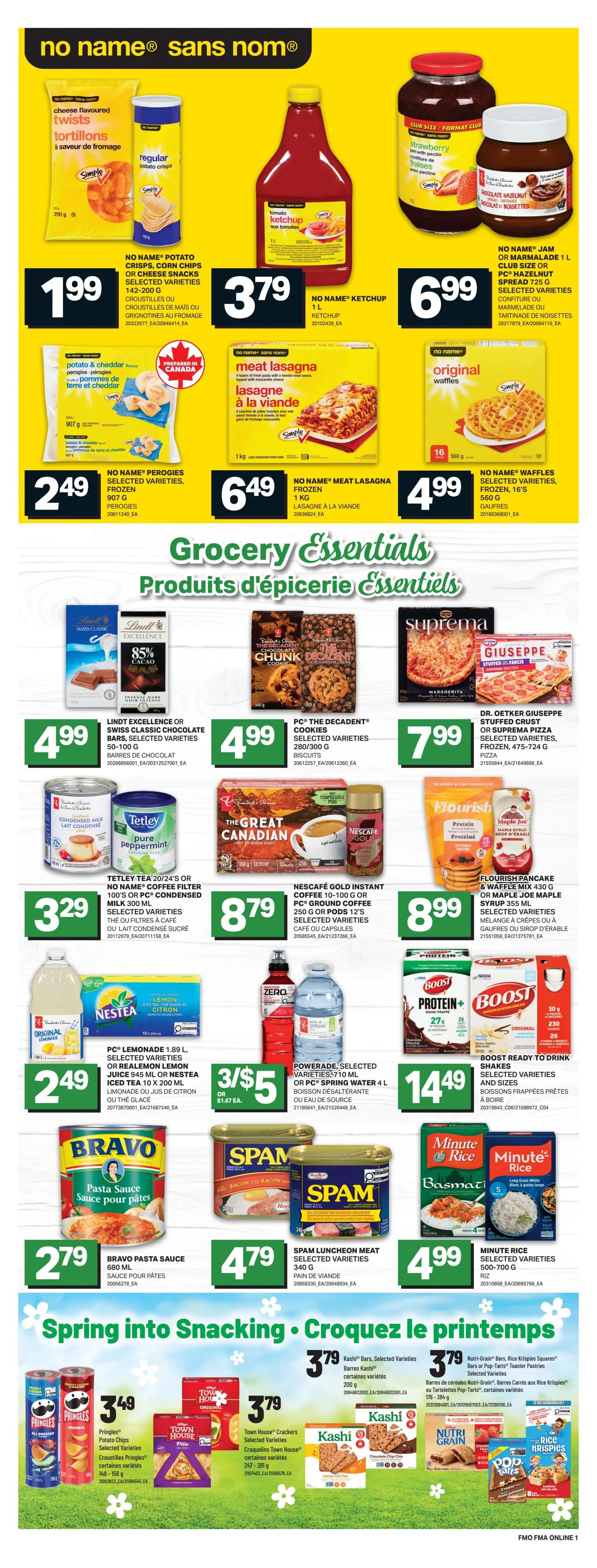 Freshmart Atlantic Canada Weekly Flyer Specials, Page 7. Featuring 'no name®' brand products: cheese flavoured twists or regular potato chips for $1.99, ketchup for $3.79, jam or PC® hazelnut spread for $6.99, perogies for $2.49, and meat lasagna for $6.49. Also includes 'no name®' original waffles for $4.99. Grocery Essentials section offers Lindt Excellence or Swiss Classic chocolate bars for $4.99, PC® The Decadent cookies for $4.99, and Dr. Oetker Giuseppe stuffed crust or Suprema pizza for $7.99. Other featured items include Tetley tea or PC® coffee filters for $3.29, Nescafé Gold instant coffee or ground coffee for $8.79, Flourish pancake mix or Maple Joe maple syrup for $8.99. PC® lemonade or Realemon juice, or Nestea iced tea for $2.49. Powerade or PC® spring water for 3 for $5. Boost ready-to-drink shakes for $14.49. Bravo pasta sauce for $2.79, and Spam luncheon meat for $4.79. Minute Rice for $4.99. The 'Spring into Snacking' section highlights Pringles potato chips for $3.49, Town House crackers for $3.79, Kashi bars for $3.79, and Nutri-Grain bars, Rice Krispies Squares, or Pop-Tarts toaster pastries for $3.79.
