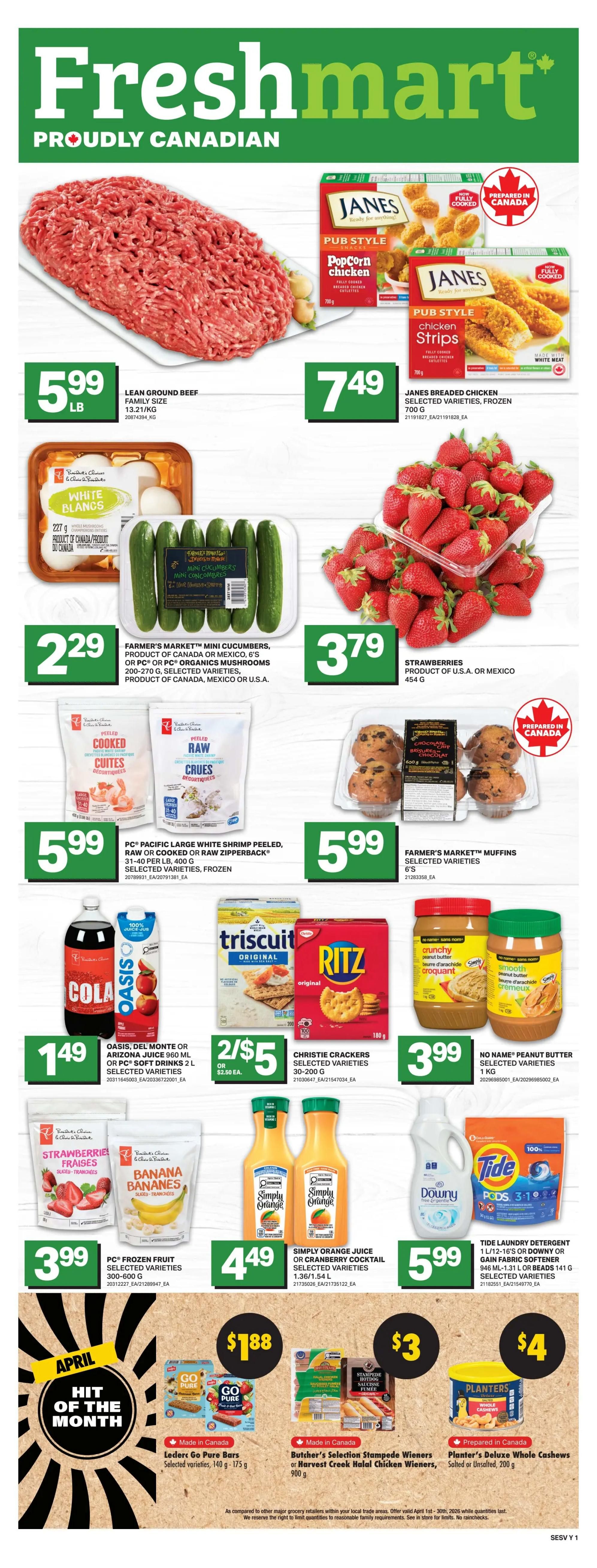 Freshmart proudly Canadian weekly flyer specials. This page features 'no name' brand products. Get No Name Naturally Imperfect Peppers Mixed, 2.5 lb, for $6.49. Also available are No Name Broth 900 mL or Vegetables 341-398 mL, selected varieties, for $1.49. Find No Name Summer Sausage, Pepperoni or Salami Chub, or Regular or Reduced Salt Bacon, 500 g, for $4.99. No Name Butter, selected varieties, 454 g (1 lb), is on sale for $5.49. See our flyer online at freshmart.ca from Thursday, April 16th to Wednesday, April 22nd, 2026.