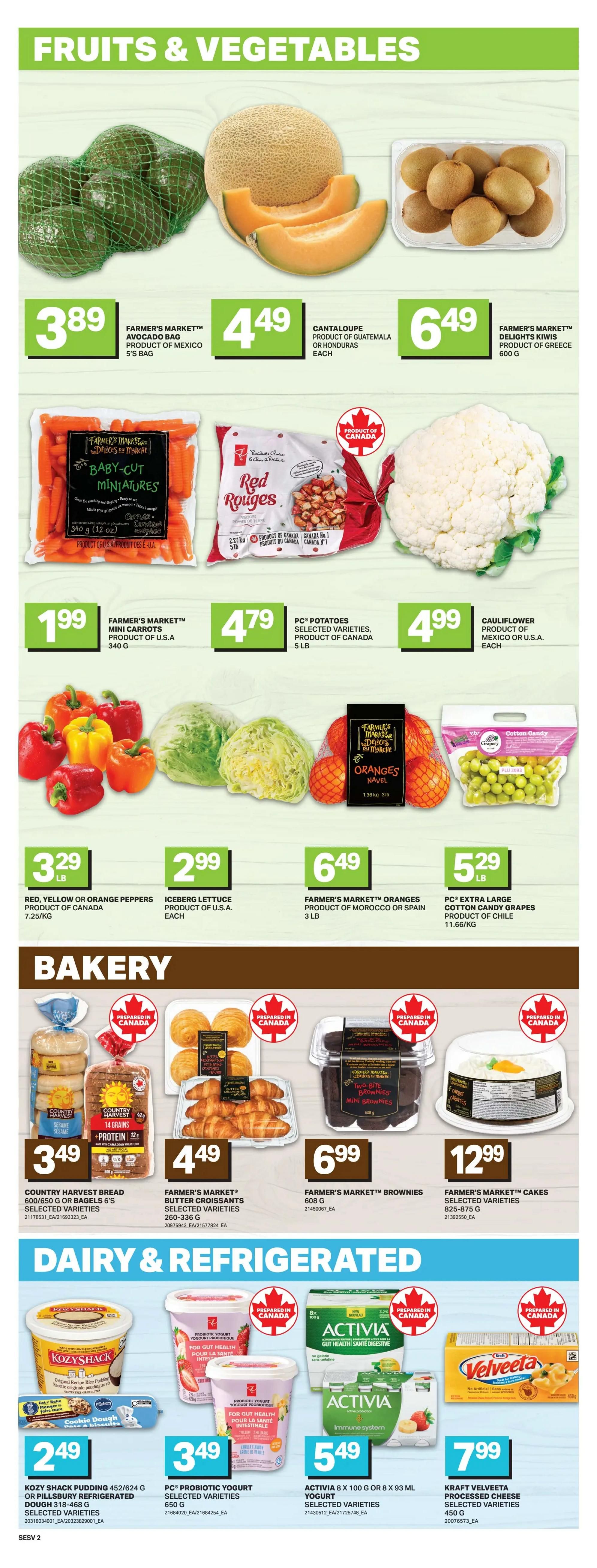 Freshmart Weekly Flyer Specials, Page 5. Fruits & Vegetables section features Farmer's Market Avocado Bag (5's) for $3.89, Cantaloupe for $4.49, and Farmer's Market Delights Kiwis (600g) for $6.49. Also available are Farmer's Market Mini Carrots (340g) for $1.99, PC Potatoes (5lb) for $4.79, and Cauliflower (Product of Mexico or U.S.A.) for $4.99. Other produce includes Red, Yellow or Orange Peppers (Product of Canada) for $3.29/kg, Iceberg Lettuce (Product of U.S.A.) for $2.99 each, Farmer's Market Oranges (3lb) for $6.49, and PC Extra Large Cotton Candy Grapes (Product of Chile, 1.66kg) for $5.29/lb. The Bakery section offers Country Harvest Bread (600g or Bagels 6's) for $3.49, Farmer's Market Butter Croissants (260-336g) for $4.49, Farmer's Market Two-Bite Brownies (608g) for $6.99, and Farmer's Market Cakes (825-875g) for $12.99. The Dairy & Refrigerated section includes Kozy Shack Pudding (452/624g) or Pillsbury Refrigerated Cookie Dough (318-468g) for $2.49, PC Probiotic Yogurt (650g) for $3.49, Activia Yogurt (8 x 100g or 8 x 93ml) for $5.49, and Kraft Velveeta Processed Cheese (450g) for $7.99.