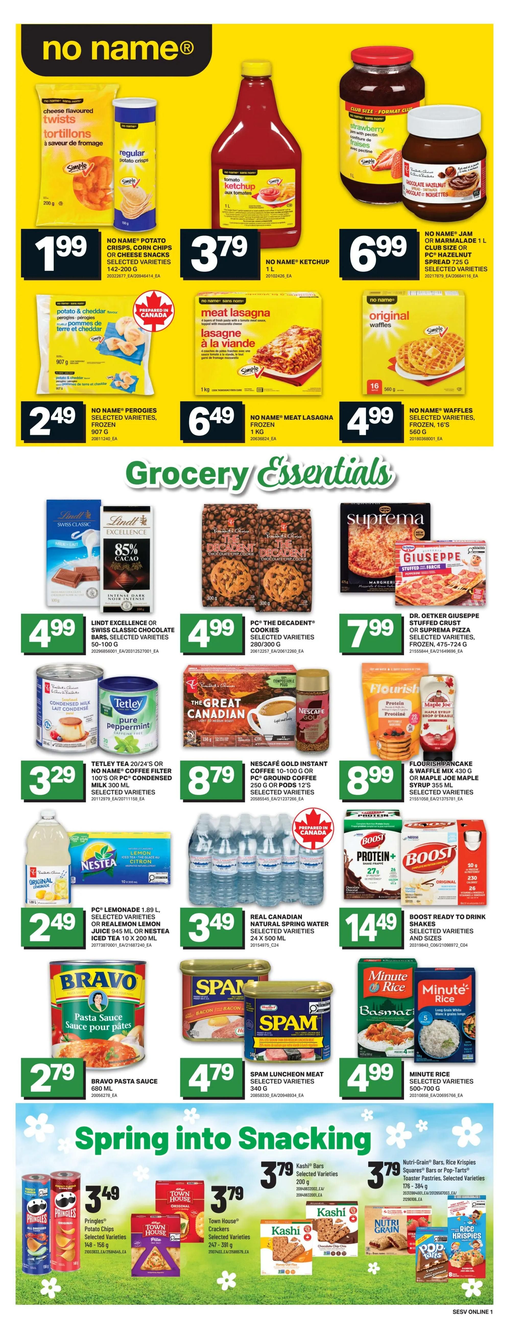 Freshmart Weekly Flyer Specials, Page 7. Top section features No Name products: Potato Chips, Corn Chips or Cheese Snacks for $1.99 (142-200g), Ketchup for $3.79 (1L), Perogies Frozen for $2.49 (907g), Meat Lasagna Frozen for $6.49 (1kg), and Waffles Frozen for $4.99 (16's, 560g). Also featured are No Name Jam or Marmalade for $6.99 (1L). Grocery Essentials section includes Lindt Excellence or Swiss Classic Chocolate Bars for $4.99 (50-100g), PC The Decadent Cookies for $4.99 (280/300g), and Dr. Oetker Giuseppe Stuffed Crust or Suprema Pizza for $7.99 (475-724g). Tetley Tea or PC Condensed Milk is $3.29 (20/24's or 300ml). Nescafé Gold Instant Coffee or PC Ground Coffee is $8.79 (10-100g or 12's). Flourish Pancake or Waffle Mix and Maple Joe Maple Syrup is $8.99 (430g or 355ml). PC Lemonade or Nestea Iced Tea is $2.49 (1.89L or 945ml). Real Canadian Natural Spring Water is $3.49 (24 x 500ml). Boost Ready to Drink Shakes are $14.49 (selected varieties and sizes). Bravo Pasta Sauce is $2.79 (680ml). Spam Luncheon Meat is $4.79 (340g). Basmati Rice is $4.99 (1kg). Minute Rice is $4.99 (selected varieties, 500-700g). Spring into Snacking section includes Pringles Potato Chips for $3.49 (selected varieties, 148-156g). Town House Crackers are $3.79 (selected varieties, 247-391g). Kashi Bars are $3.79 (200g). Nutri-Grain Bars, Rice Krispies Squares or Pop-Tarts Pastries are $3.79 (selected varieties, 176-384g).