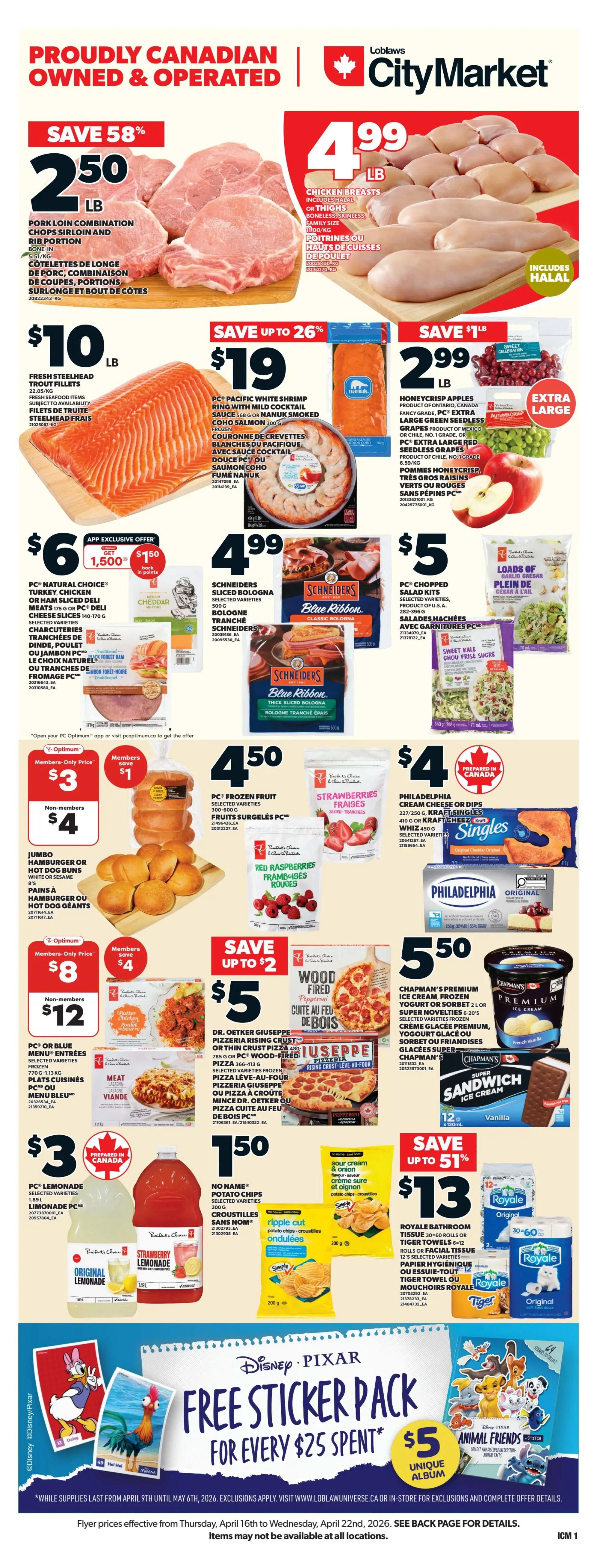 Loblaws, City Market, and Zehrs flyer page featuring a Toronto basketball team playoff promotion. Score two (2) FREE chicken tenders the day after the team wins a playoff game. This is a members-only offer, redeemable via the PC Optimum app or by visiting pcoptimum.ca. Scan the QR code to load the offer. The offer is valid at participating Ontario Loblaws, City Markets, and Zehrs locations, redeemable between 11:00 AM and 7:00 PM the day after a playoff win. The offer is exclusive to PC Optimum members associated with the account and expires after one use. Limit 1 per customer. Offer has no cash value and cannot be combined with other coupons or exchanges for free product. While supplies last. We reserve the right to substitute the free product in the event of unavailability for any reason. MKT ONLINE PLAY.