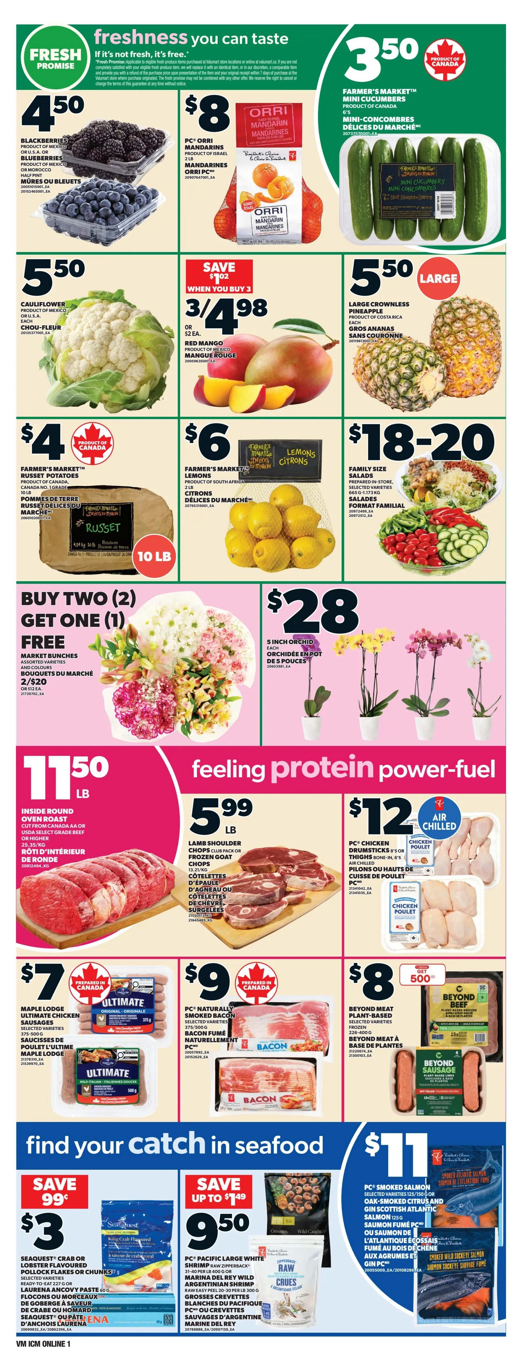 Loblaws weekly flyer specials page 4 features a 'freshness you can taste' theme. Top row includes Blackberries and Blueberries for $4.50, Orri Mandarin Oranges for $8, and Farmer's Market Mini Cucumbers for $3.50. The second row showcases Cauliflower for $5.50, Red Mangoes on sale 3 for $4.98 (save $1.02), and Large Crownless Pineapple for $5.50. Below that, Farmer's Market Russet Potatoes (10 lb bag) are $4, Farmer's Market Lemons (2 lb bag) are $6, and Family Size Salads are $18-20. A 'Buy Two Get One Free' offer is available on Market Bunches of Assorted Varieties of flowers, and 5-inch Orchid pots are $28. The 'feeling protein power-fuel' section highlights Inside Round Oven Roast (USDA Select Grade Beef or higher) for $11.50/lb, Lamb Shoulder Chops or Frozen Goat Chops for $5.99/lb, and PC Chicken Drumsticks or Thighs for $12. Maple Lodge Ultimate Chicken Sausages are $7, PC Naturally Smoked Bacon (375-500g) is $9, and Beyond Meat Plant-Based Sausages are $8. The 'find your catch in seafood' section offers Seaquest Crab or Lobster Flavoured Pollock Fillets or Chunks for $3 (save $0.99), PC Pacific Large White Shrimp (raw zipperback, 31-50 per lb, 400g) or Marine Del Rey Wild Argentinian Shrimp (raw, easy peel, 20-30 per lb, 300g) for $9.50 (save up to $1.49), and PC Smoked Salmon (125g) or Oak-Smoked Citrus and Gin Scottish Atlantic Salmon for $11.