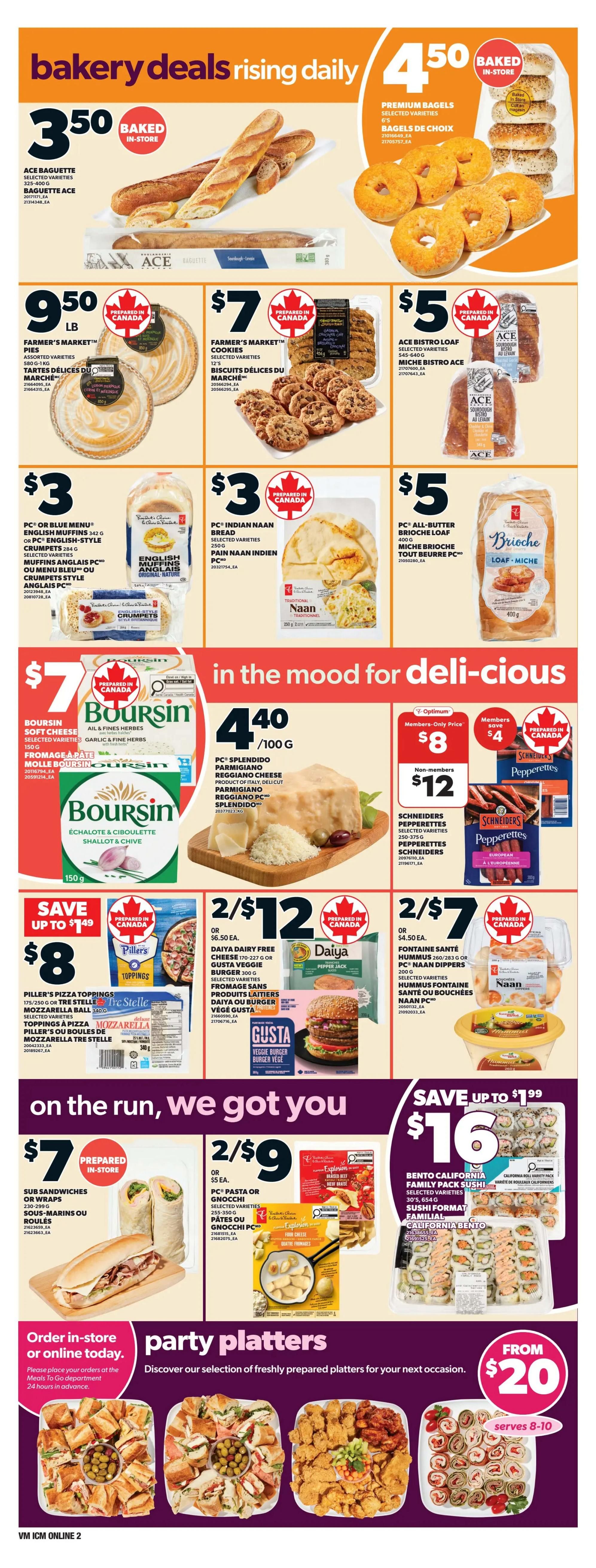 Loblaws weekly flyer specials page 5 features bakery deals including Ace Baguette for $3.50 and Premium Bagels for $4.50. Farmer's Market Pies are $9.50, Farmer's Market Cookies are $7, and Ace Bistro Loaf or Miche Bistro Ace are $5. PC or Blue Menu English Muffins or Crumpets are $3, and PC Indian Naan Bread is $3. Also featured is PC All-Butter Brioche Loaf for $5. In the deli section, Boursin Soft Cheese is $7, and PC Splendido Parmigiano Reggiano Cheese is $4.40/100g. Save up to $1.49 on Piller's Pizza Toppings or Mozzarella Balls for $8. Daiya Dairy-Free Cheese or Gusta Veggie Burgers are 2 for $12. Fontaine Santé Hummus or PC Naan Dippers are 2 for $7. On the run, get Sub Sandwiches or Wraps for $7, or PC Pasta or Gnocchi for 2 for $9. Save up to $1.99 on Bento California Family Pack Sushi for $16. Party platters are available starting from $20, serving 8-10 people.