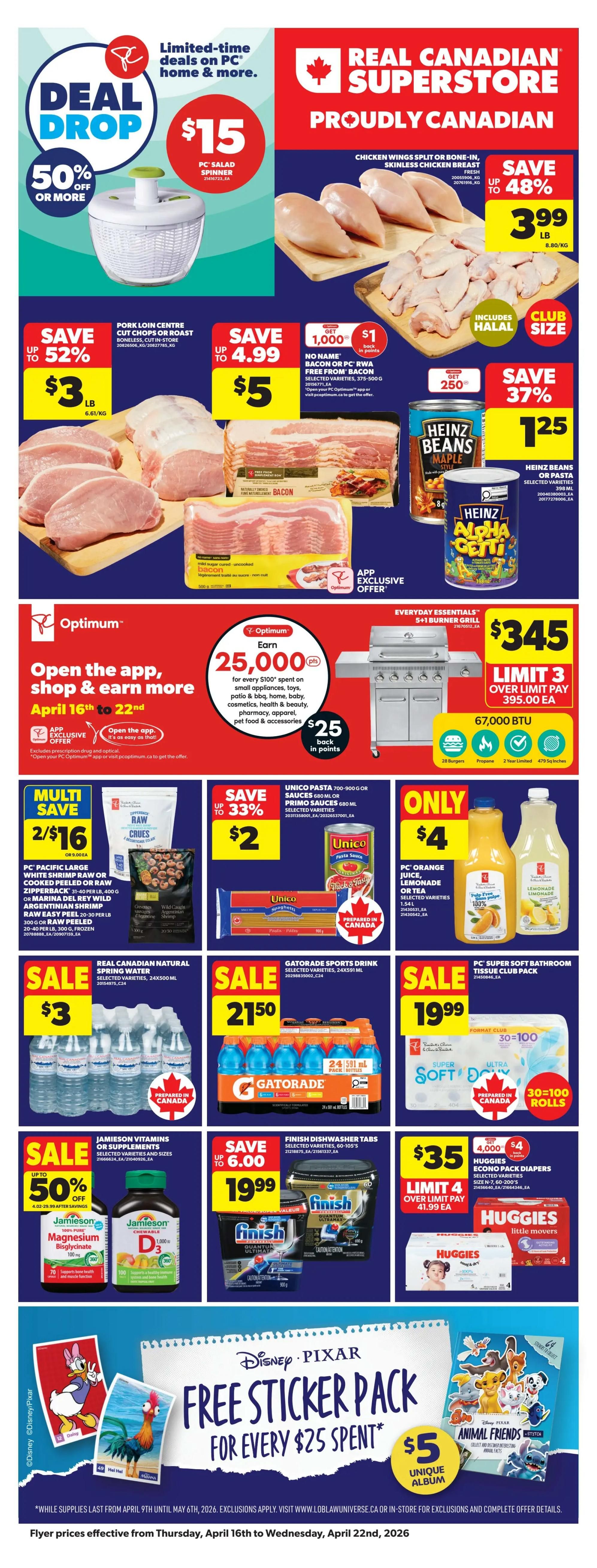 Real Canadian Superstore flyer page 1 featuring fresh produce and salad kits. Save 55% on Farmer's Market Russet Potatoes, 10 lb bag for $2. Broccoli crowns are on sale for $1.44, saving 42%. Red, orange, or yellow sweet peppers are $2 per lb, a 59% saving. Tomatoes on the vine are $1.95 per lb, with a 34% saving. PC Chopped Salad Kits, including Sweet Kale and Loads of Garlic Caesar, are on special for $5, saving $2.00.