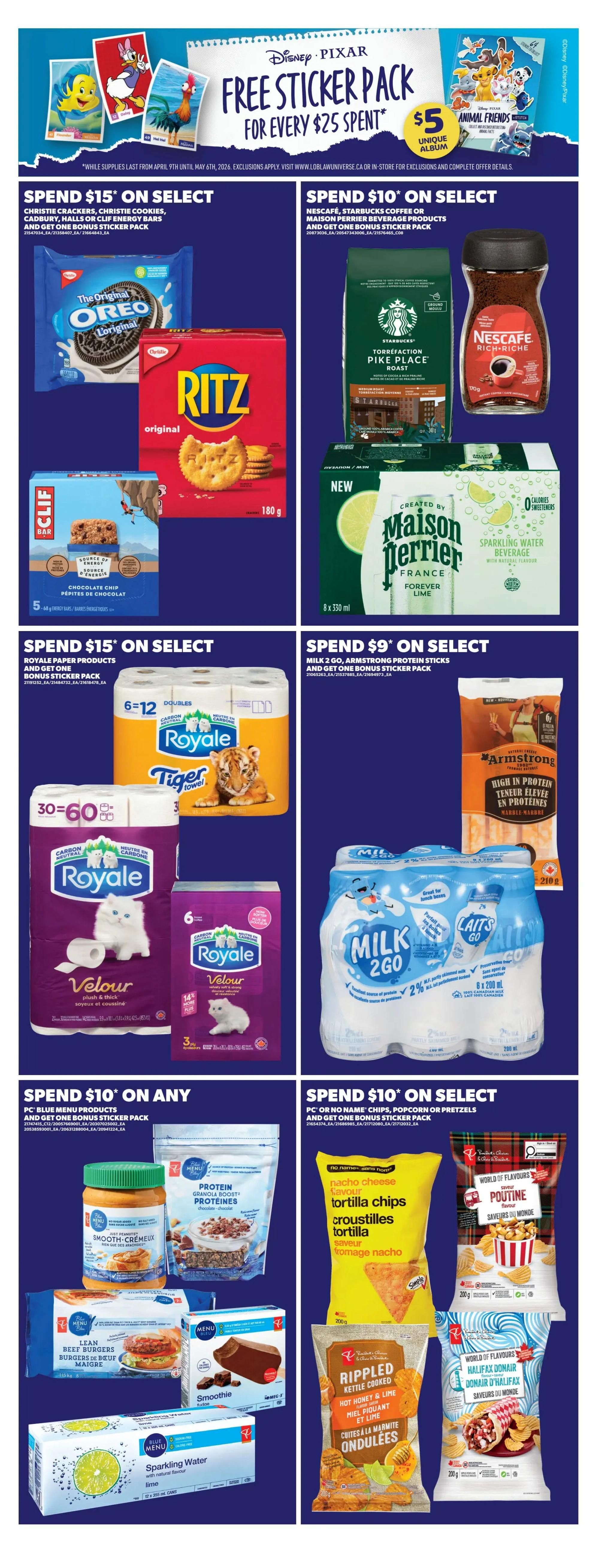 Real Canadian Superstore Ontario flyer page 9 features a Disney Pixar 'Free Sticker Pack for Every $25 Spent' promotion. Spend $15 on select Christie crackers, Christie cookies, Cadbury, Halls, or Clif Energy Bars and get one bonus sticker pack. Pictured are Oreo cookies and Ritz original crackers. Spend $10 on select Nescafé, Starbucks coffee, or Maison Perrier beverage products and get one bonus sticker pack. Pictured are Starbucks Pike Place Roast coffee and Nescafé Rich-Rich coffee, along with Maison Perrier Sparkling Water Beverage in Forever Lime flavour. Spend $15 on select Royale paper products and get one bonus sticker pack, featuring Royale Tiger Towel and Royale Velour toilet paper. Spend $9 on select Milk 2 Go, Armstrong protein sticks and get one bonus sticker pack, featuring Milk 2 Go 2% milk and Armstrong High in Protein sticks. Spend $10 on any PC Blue Menu products and get one bonus sticker pack, featuring PC Blue Menu Smooth-cremeux peanut butter, Protein Boost granola, Lean Beef Burgers, PC Blue Menu Smoothie, and PC Blue Menu Sparkling Water. Spend $10 on select PC or No Name chips, popcorn or pretzels and get one bonus sticker pack, featuring PC Nacho Cheese tortilla chips, PC Ripped Kettle Cooked Hot Honey & Lime chips, PC World of Flavours Poutine chips, and PC World of Flavours Donair chips.