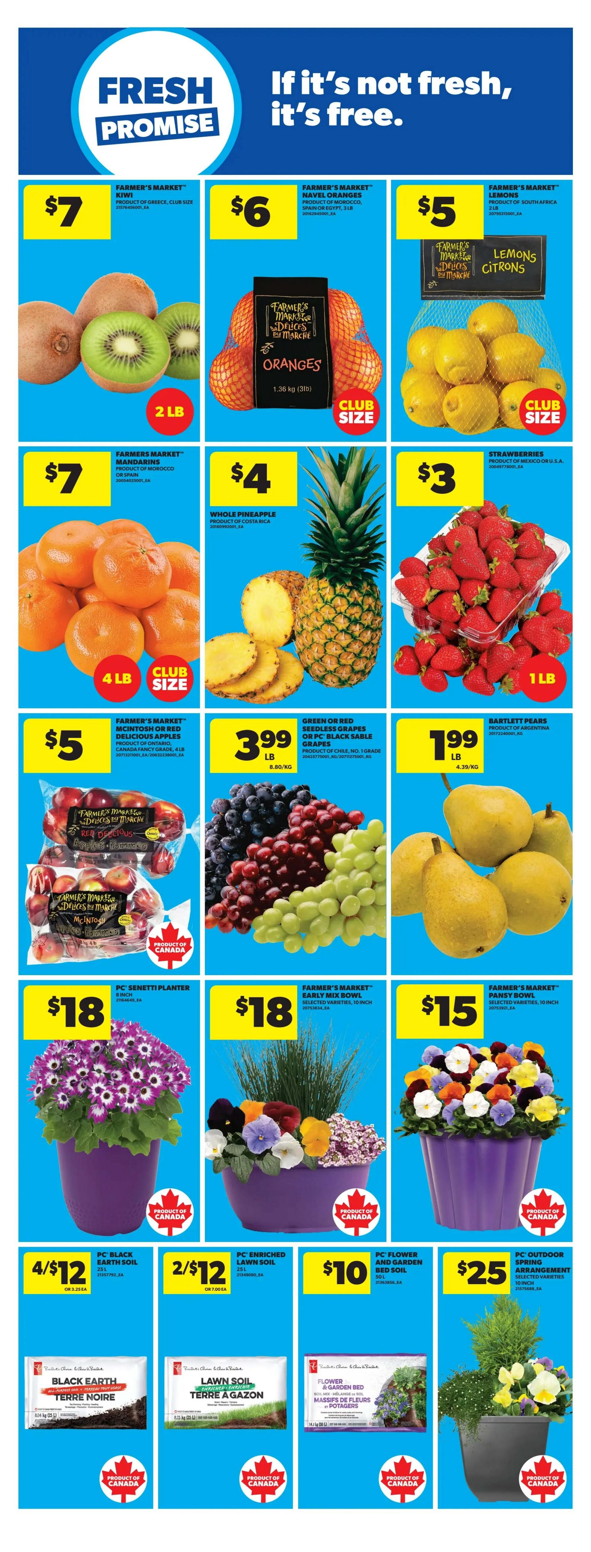 Real Canadian Superstore flyer page 11 features fresh produce and gardening items. On sale are Farmer's Market Kiwi for $7, Farmer's Market Navel Oranges (club size) for $6, and Farmer's Market Lemons (club size) for $5. Also available are Farmer's Market Mandarins for $7, a Whole Pineapple for $4, and Strawberries for $3. Fresh apples, including McIntosh or Red Delicious, are $5 for a 4 lb bag. Green or Red Seedless Grapes are $3.99 per lb, and Bartlett Pears are $1.99 per lb. For gardening, PC Senetti Planters are $18, Farmer's Market Early Mix Bowls are $18, and Farmer's Market Pansy Bowls are $15. PC Black Earth Soil is 4 for $12, PC Enriched Lawn Soil is 2 for $12, and PC Flower and Garden Bed Soil is $10. Finally, PC Outdoor Spring Arrangements are $25.
