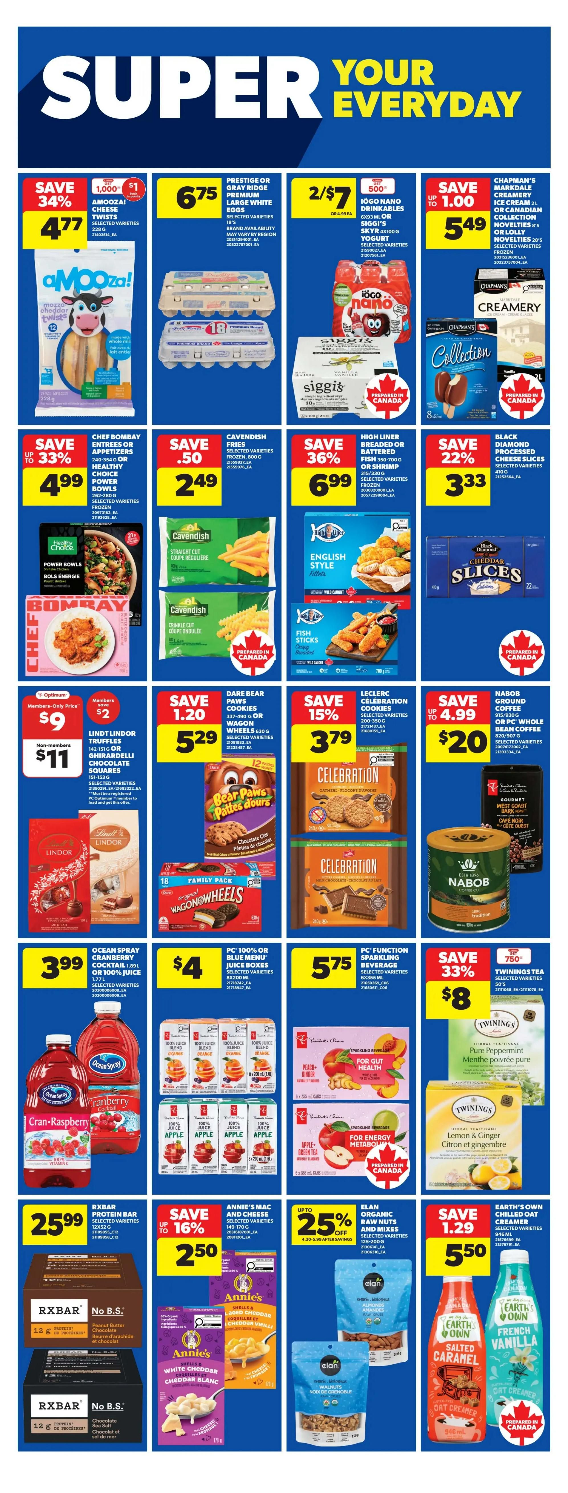 Real Canadian Superstore weekly flyer specials page 15 features a variety of deals. Save 34% on Amooza! Cheese Twists for $4.77. Prestige or Gray Ridge Premium Large White Eggs are $6.75. Iögo Nano Drinkables, Siggi's Skyr 4x100g Yogurt, and Chapman's Creamery Ice Cream or Novelties are on sale for 2/$7 and $5.49 respectively. Chef Bombay Entrees or Appetizers are save up to 33% at $4.99. Cavendish Fries (800g) are save $0.50 at $2.49. High Liner Breaded or Battered Fish (350-700g) is save 36% for $6.99. Black Diamond Processed Cheese Slices (410g) are save 22% at $3.33. Lindt Lindor Truffles (151-153g) are $11 for non-members and $9 for members. Dare Bear Paws Cookies or Wagon Wheels (337-490g) are save $1.20 at $5.29. Leclerc Celebration Cookies (200-350g) are save 15% for $3.79. Nabob Ground or PC Whole Bean Coffee (915/930g) is save up to $4.99 at $20. Ocean Spray Cranberry Cocktail or 100% Juice (1.77L) is $3.99. PC 100% or Blue Menu Juice Boxes (8x200ml) are $4. PC Function Sparkling Beverage (3x355ml) is $5.75. Twinings Tea (50's) are save 33% at $8. RXBAR Protein Bars (12x52g) are $25.99. Annie's Mac and Cheese (149-170g) is save up to 16% at $2.50. Elan Organic Raw Nuts and Mixes (120-200g) are up to 25% off. Earth's Own Chilled Oat Creamer (946ml) in Salted Caramel or French Vanilla is save $1.29 at $5.50.