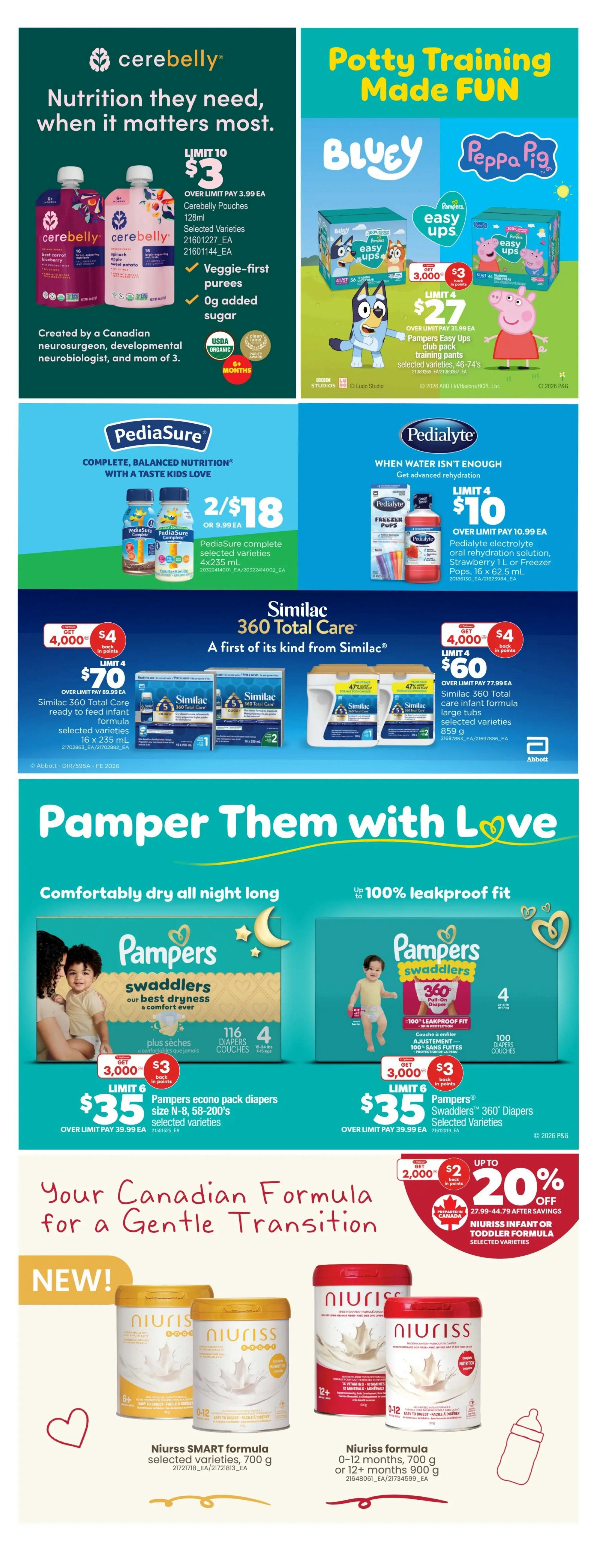 Real Canadian Superstore weekly flyer specials page 22. Features Cerebelly pouches, selected varieties, 128ml for $3 with limit 10. Potty training made fun with Bluey and Peppa Pig Pampers Easy Ups club pack diapers, selected varieties, sizes 46-74's for $27 with limit 4. PediaSure complete nutrition, selected varieties, 4x235ml for 2 for $18. Pedialyte electrolyte oral rehydration solution, Strawberry 1L or Freezer Pops, 16 x 62.5 mL for $10 with limit 4. Similac 360 Total Care ready to feed infant formula, selected varieties, 16 x 235 mL for $70, get 4,000 points back. Similac 360 Total Care infant formula large tubs, selected varieties, 859 g for $60, get 4,000 points back. Pampers Them with Love section includes Pampers Econo pack diapers, size N-8, 58-200's, selected varieties for $35 with limit 6, and Pampers Swaddlers 360 Diapers, selected varieties for $35 with limit 6. Your Canadian Formula for a Gentle Transition features new Niuriss SMART formula, selected varieties, 700 g, and Niuriss formula 0-12 months, 700 g or 12+ months, 900 g. Also, 20% off Niuriss infant or toddler formula, selected varieties, with 2,000 points back on purchases of $27.99-$44.79.