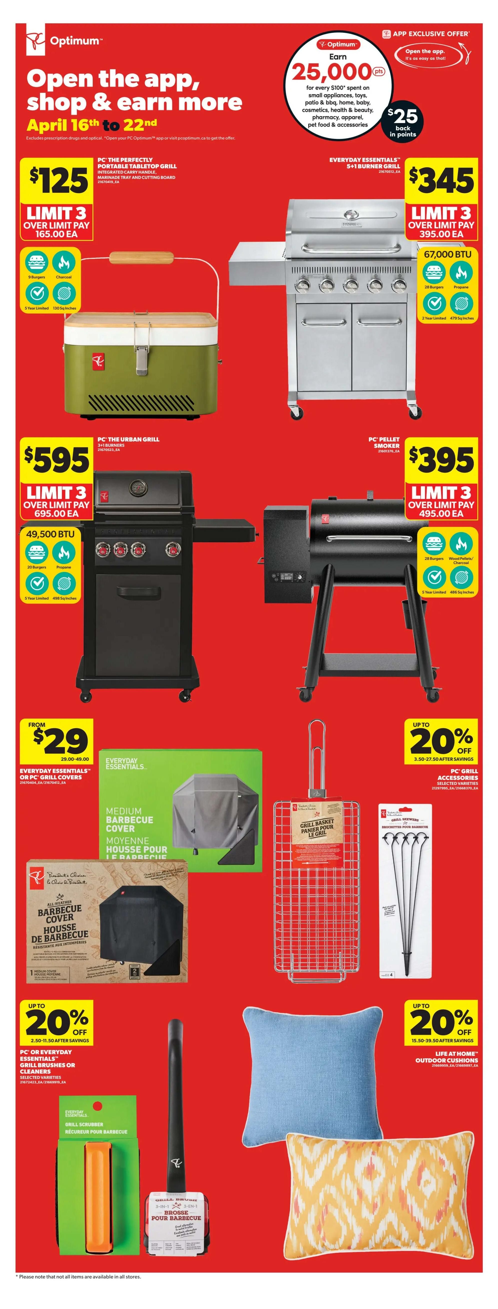Real Canadian Superstore Ontario flyer, page 29, featuring an Optimum app exclusive offer to earn 25,000 points or $25 back in points for every $100 spent on select items. Deals include the PC The Perfectly Portable Tabletop Grill for $125, an Everyday Essentials 5+1 Burner Grill for $345, a PC The Urban Grill 3+1 Burners for $595, and a PC Pellet Smoker for $395. Also available are Everyday Essentials or PC Grill Covers starting from $29, a Medium Barbecue Cover, a Grill Basket for $20, PC Grill Accessories including brochette skewers, and up to 20% off PC or Everyday Essentials Grill Brushes or Cleaners. Additionally, there is up to 20% off Life At Home Outdoor Cushions. All offers are valid from April 16th to 22nd, with limits of 3 on most grill purchases.