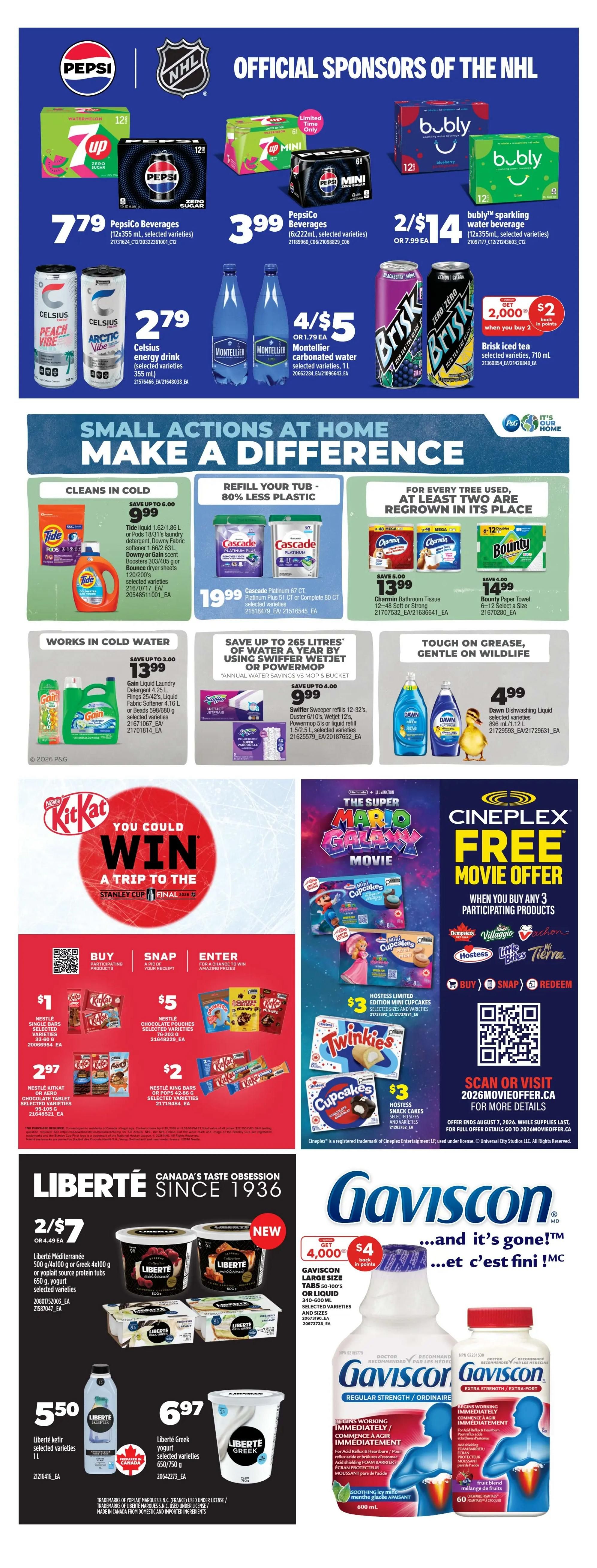 Page 36 of the Real Canadian Superstore flyer features NHL official sponsorships with Pepsi products including 7UP and Pepsi Mini beverages. Offers include 7UP 12x355 mL selected varieties for $7.79, Pepsi Mini 12x355 mL selected varieties for $3.99, and bubly sparkling water beverage 12x355 mL selected varieties for 2/$14. Also available are Celsius energy drink for $2.79 and Montellier carbonated water 1 L for 4/$5. Brisk iced tea 710 mL is $2,000 back in points when you buy 2. The 'Small Actions at Home Make a Difference' section highlights Tide Liquid 1.62-1.86 L or Pods 18-31's laundry detergent for $9.99, Cascade Platinum 67 CT for $19.99, Charmin Bathroom tissue 12x48 soft or strong for $13.99, and Bounty Paper Towel 8x12 select a size for $14.99. Swiffer Wet Jet or Power mop refills are $9.99, and Dawn Dishwashing Liquid 896 mL/1.12 L is $4.99. A Kit Kat promotion offers a chance to win a trip to the Stanley Cup Final, with Nestle Kit Kat or Aero chocolate bars for $2.97, Nestle chocolate pouches for $5, and Nestle king bars or pops for $2. Cineplex offers a free movie with the purchase of any 3 participating products, featuring Hostess limited edition mini cupcakes for $3 and Twinkies or Hostess snack cakes for $3. Liberté Canada's Taste Obsession includes Liberté Méditerrannée yogurt 650 g or Greek 4x100 g for 2/$7, Liberté kefir selected varieties 1 L for $5.50, and Liberté Greek yogurt 650/750 g for $6.97. Gaviscon large size tabs 50-100's or liquid 340-600 mL is available with $4 back in points, and Gaviscon regular strength or extra-strength liquid 600 mL is also featured.