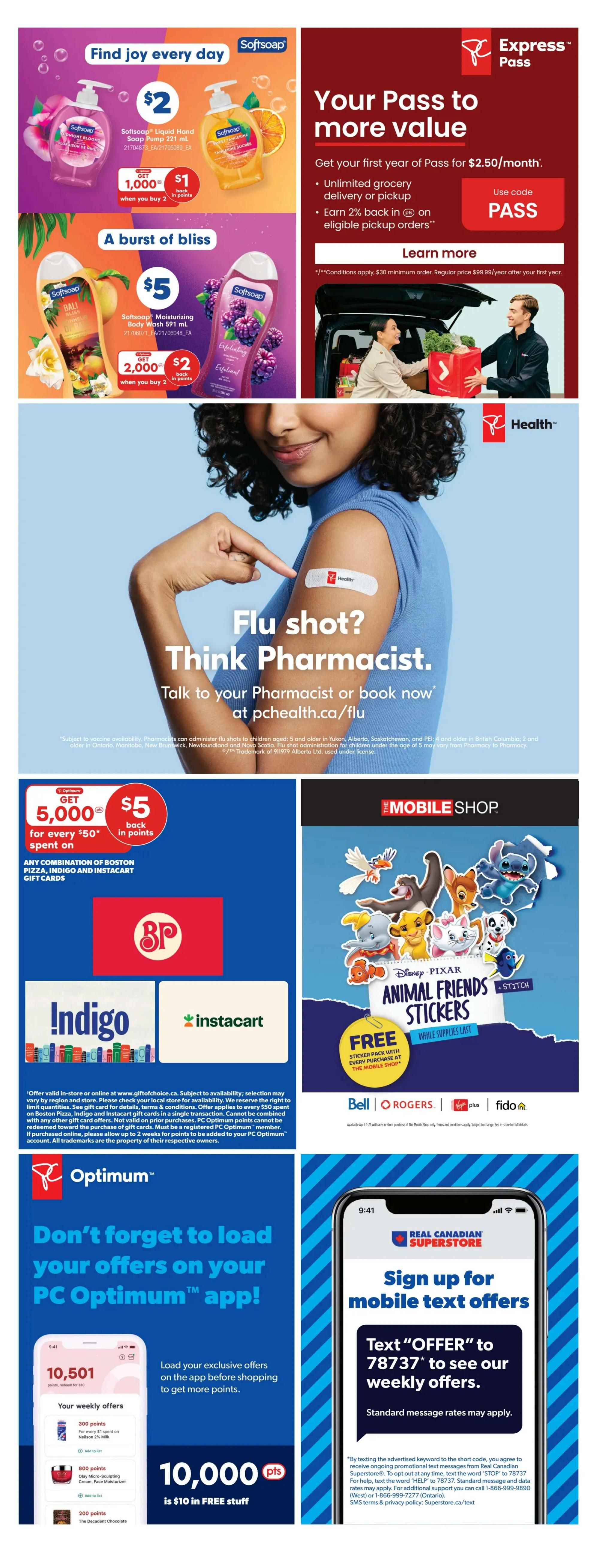 Page 37 of the Real Canadian Superstore flyer featuring various promotions. Top left: Softsoap Liquid Hand Soap Pump 221 ml for $2, with 1,000 bonus PC Optimum points ($1 back in points) when you buy 2. Softsoap Moisturizing Body Wash 591 ml is $5, with 2,000 bonus PC Optimum points ($2 back in points) when you buy 2. Top right: Express Pass promotion offering the first year for $2.50/month with unlimited grocery delivery or pickup and 2% back in PC Optimum points on eligible pickup orders. Use code PASS. Middle section: A woman with a flu shot band-aid on her arm, promoting 'Flu shot? Think Pharmacist. Talk to your Pharmacist or book now at pchhealth.ca/flu'. Bottom left: Get 5,000 PC Optimum points ($5 back in points) for every $50 spent on any combination of Boston Pizza, Indigo, and Instacart gift cards. Bottom right: The Mobile Shop offers a FREE Disney Pixar Animal Friends sticker pack with every purchase while supplies last. Below this are logos for Bell, Rogers, Virgin Plus, and Fido. The bottom section of the page promotes the PC Optimum app, encouraging users to load offers to get exclusive deals and earn 10,000 PC Optimum points ($10 in free stuff). It also shows how to sign up for mobile text offers by texting 'OFFER' to 78737.